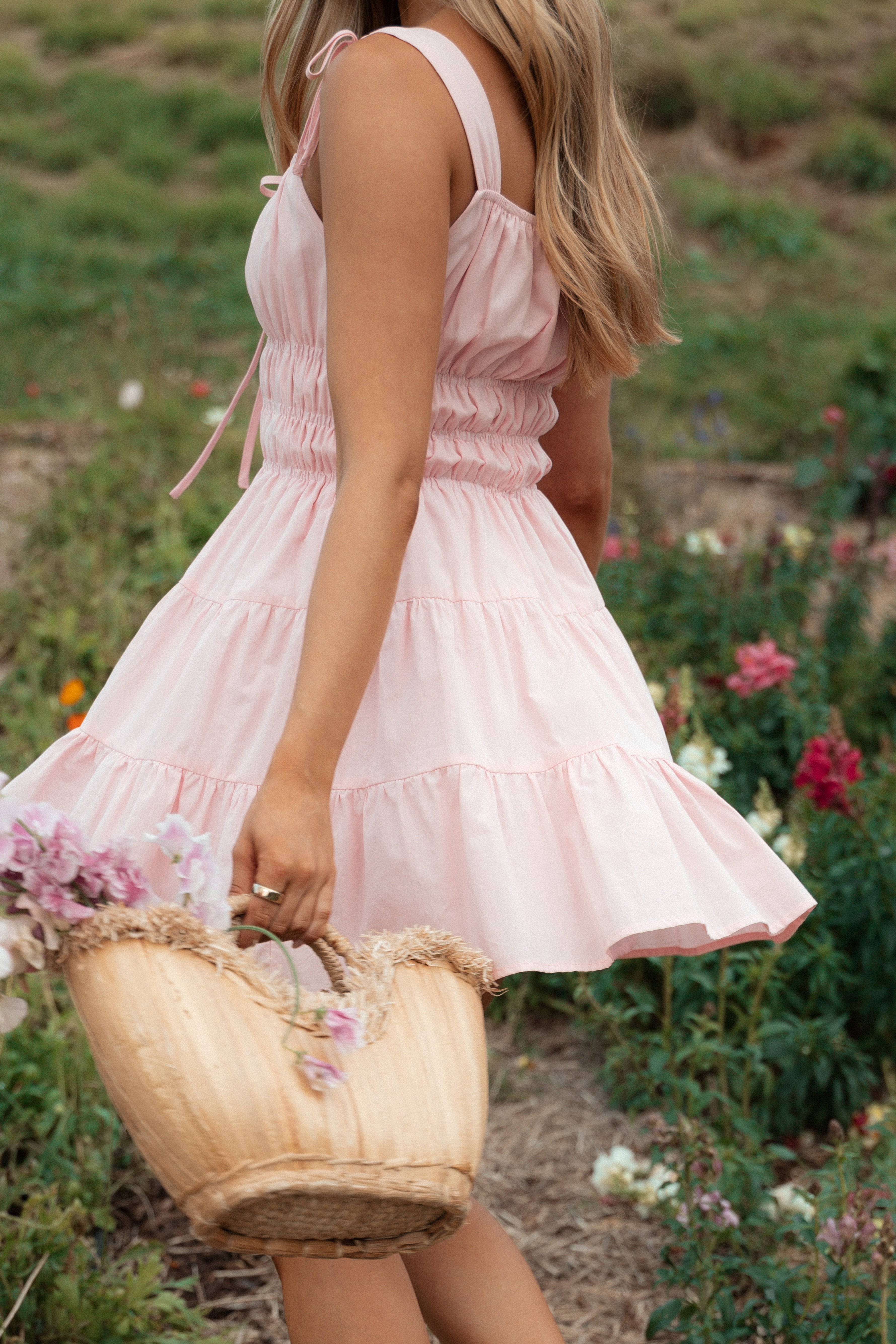 Tahlia Pink Cotton Mini Dress with Tie Shoulder Straps