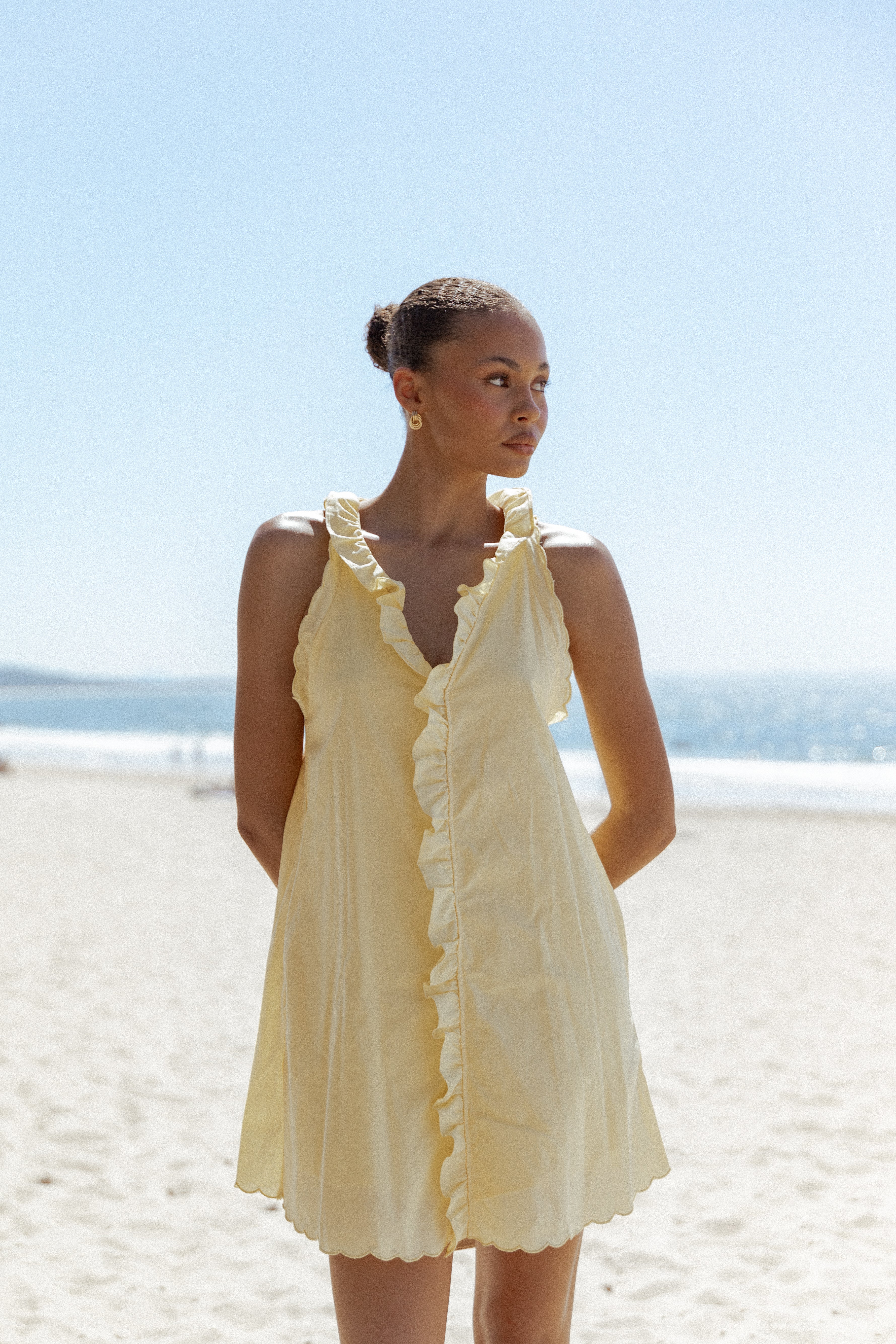 Butter Yellow Ruffle Mini Dress with Pockets - Cassandra