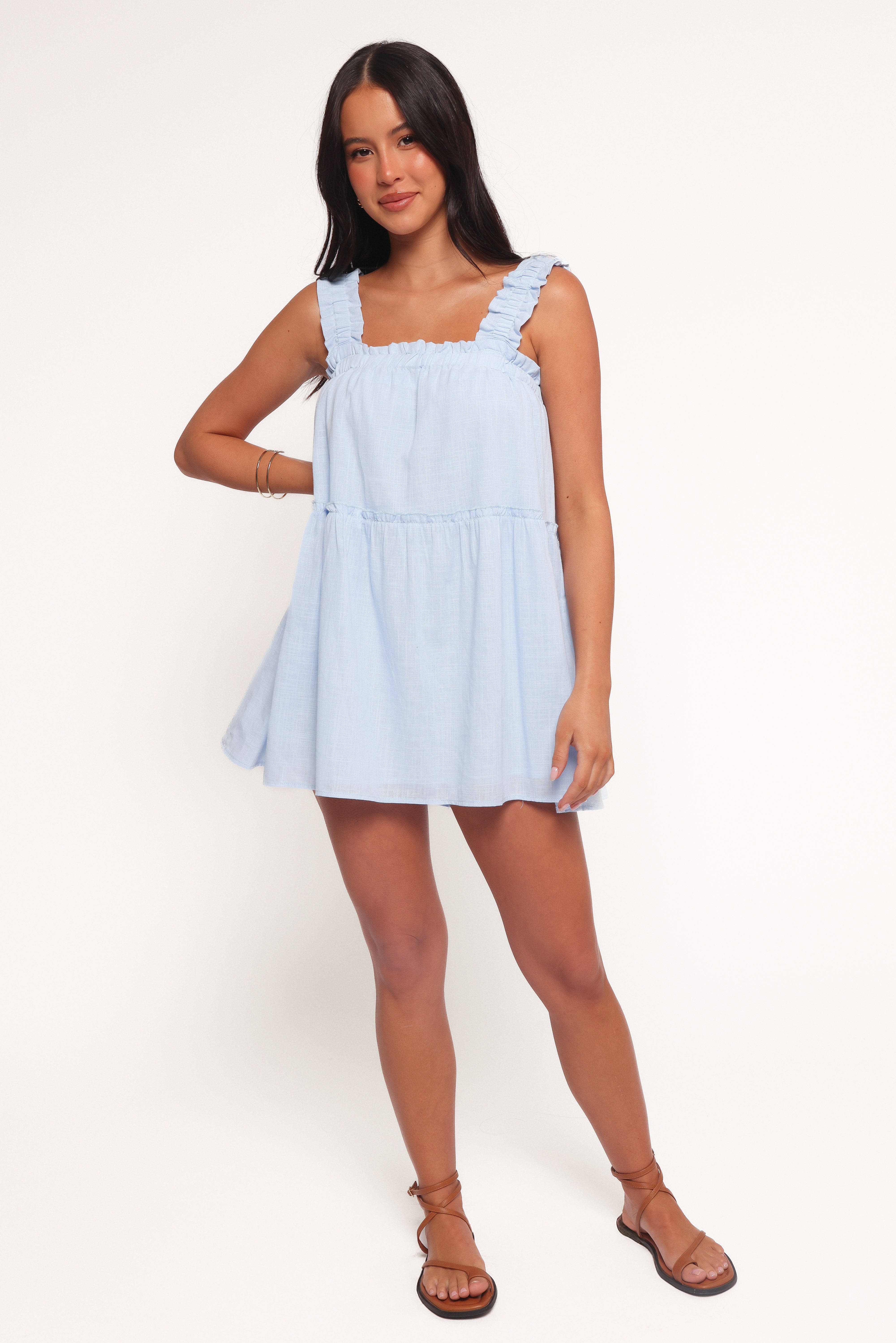 Light Blue Cotton Elena Mini Dress with Ruffle Detail