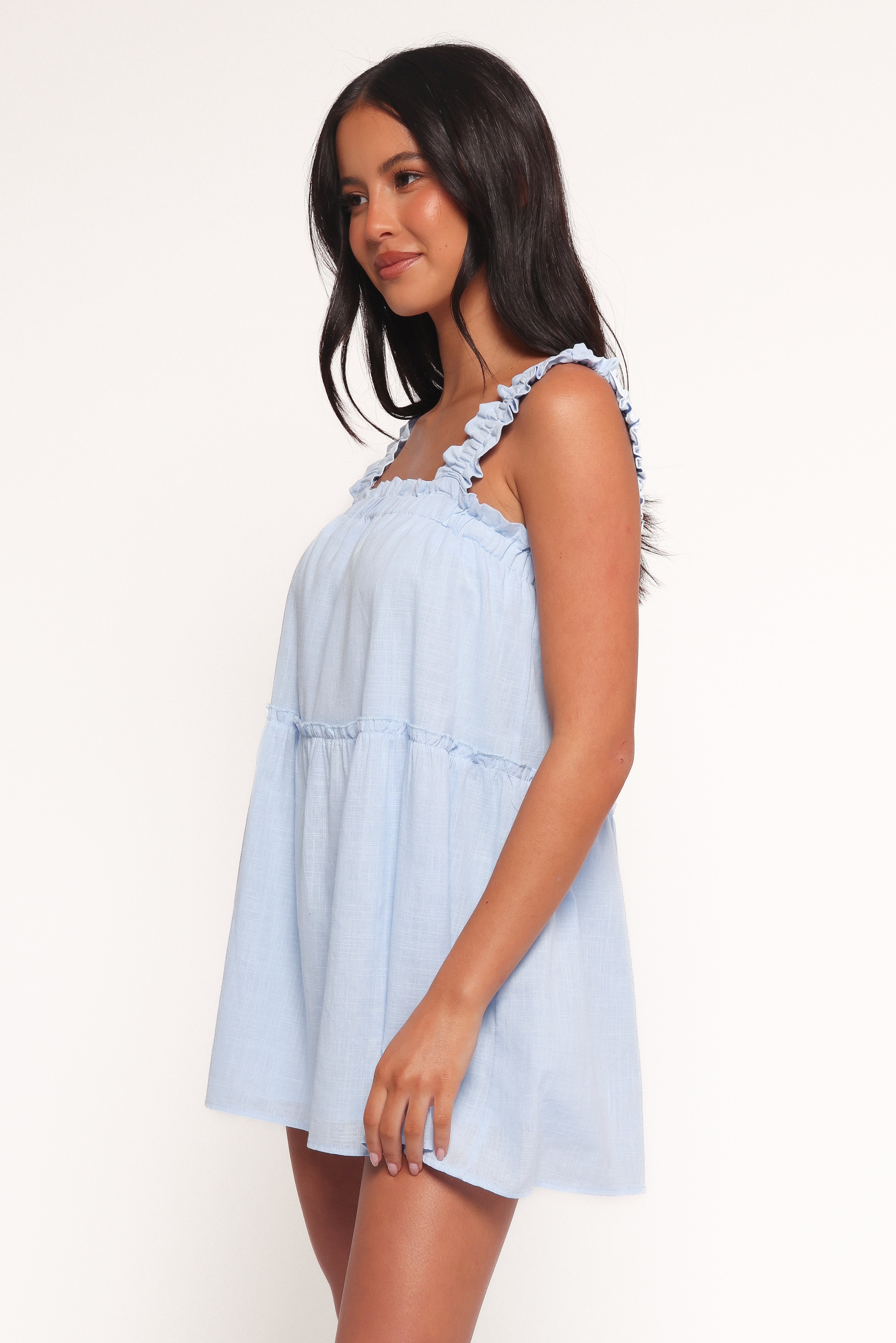 Light Blue Cotton Elena Mini Dress with Ruffle Detail