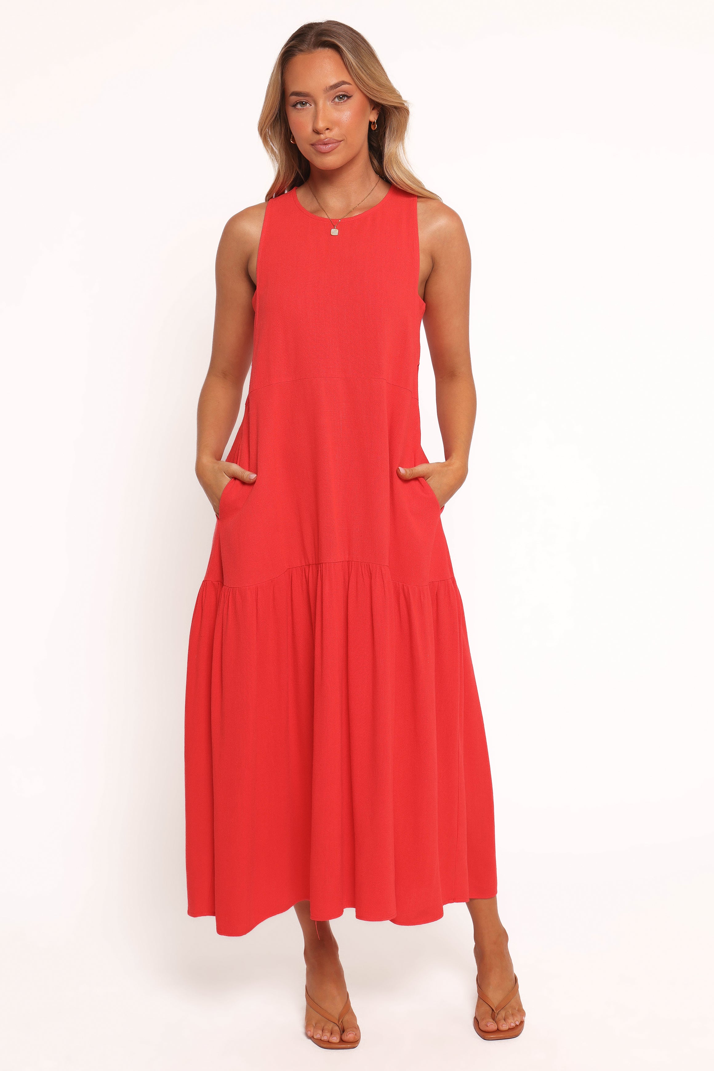 Red Midi Dress with Pockets & Side Cut Outs – Almudena Smock Style