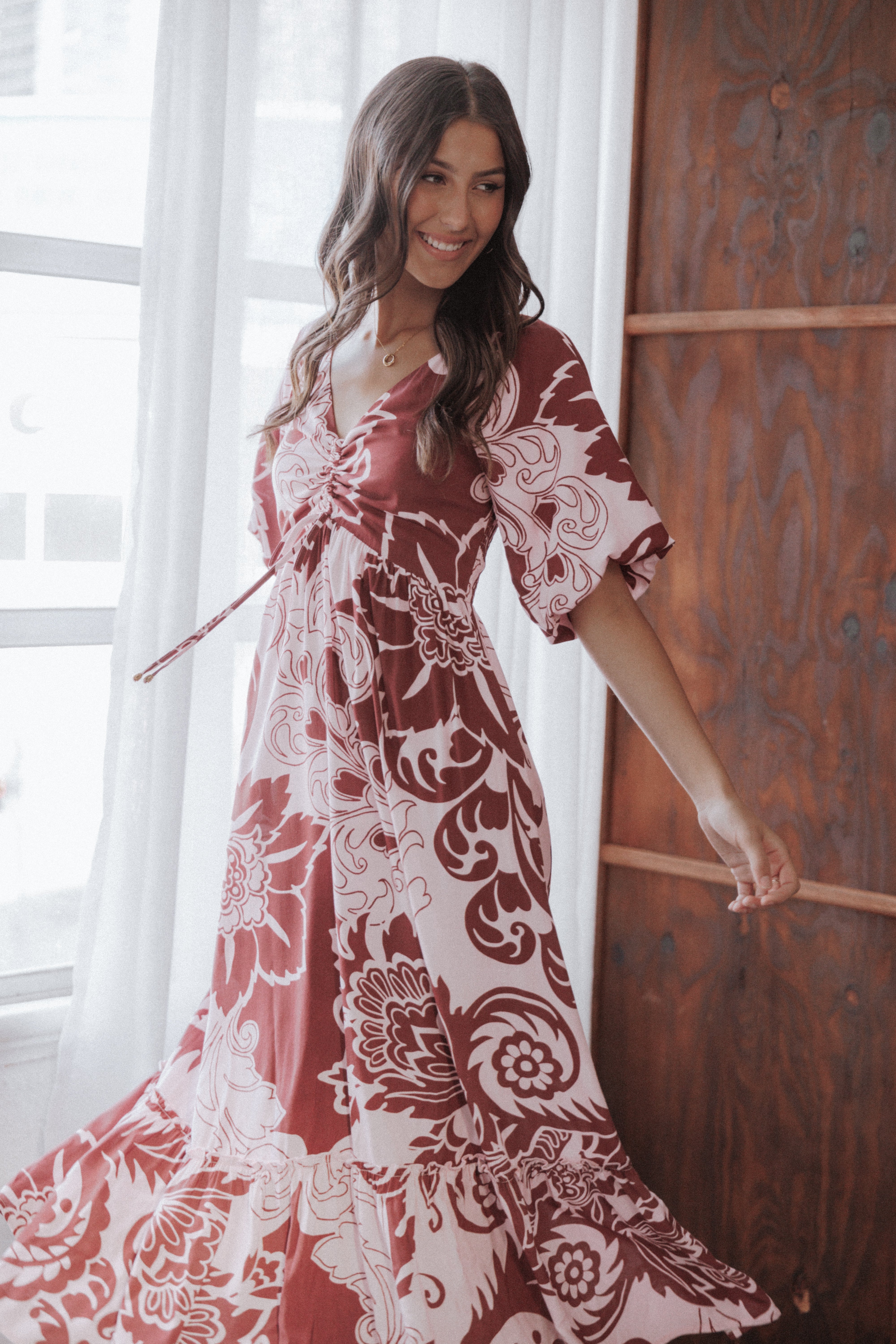 Shanae Floral Maxi Dress with Pockets - Pink Brown Paisley