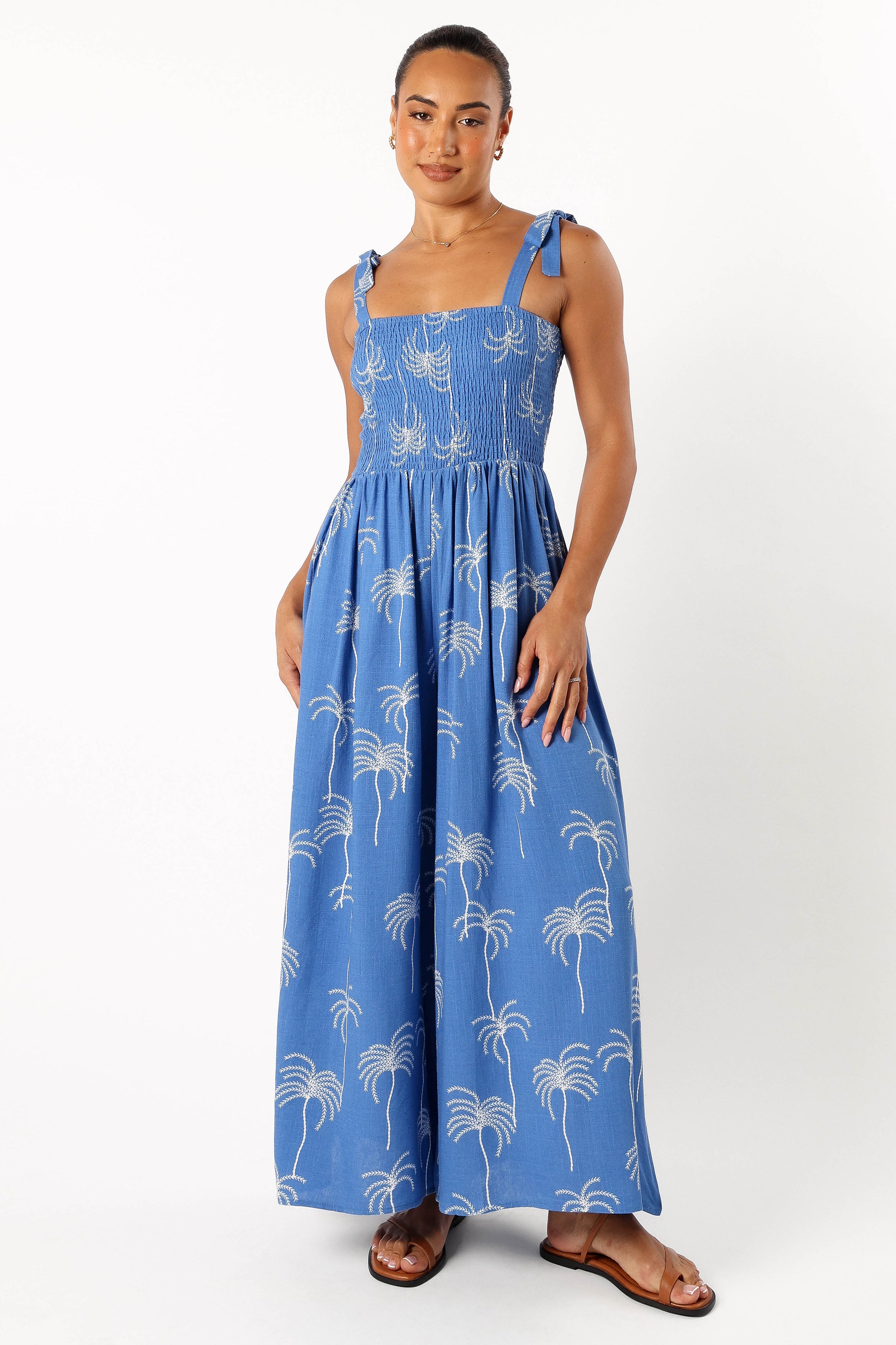 Blue Palm Print Ginelle Jumpsuit - Maxi Length with Adjustable Straps