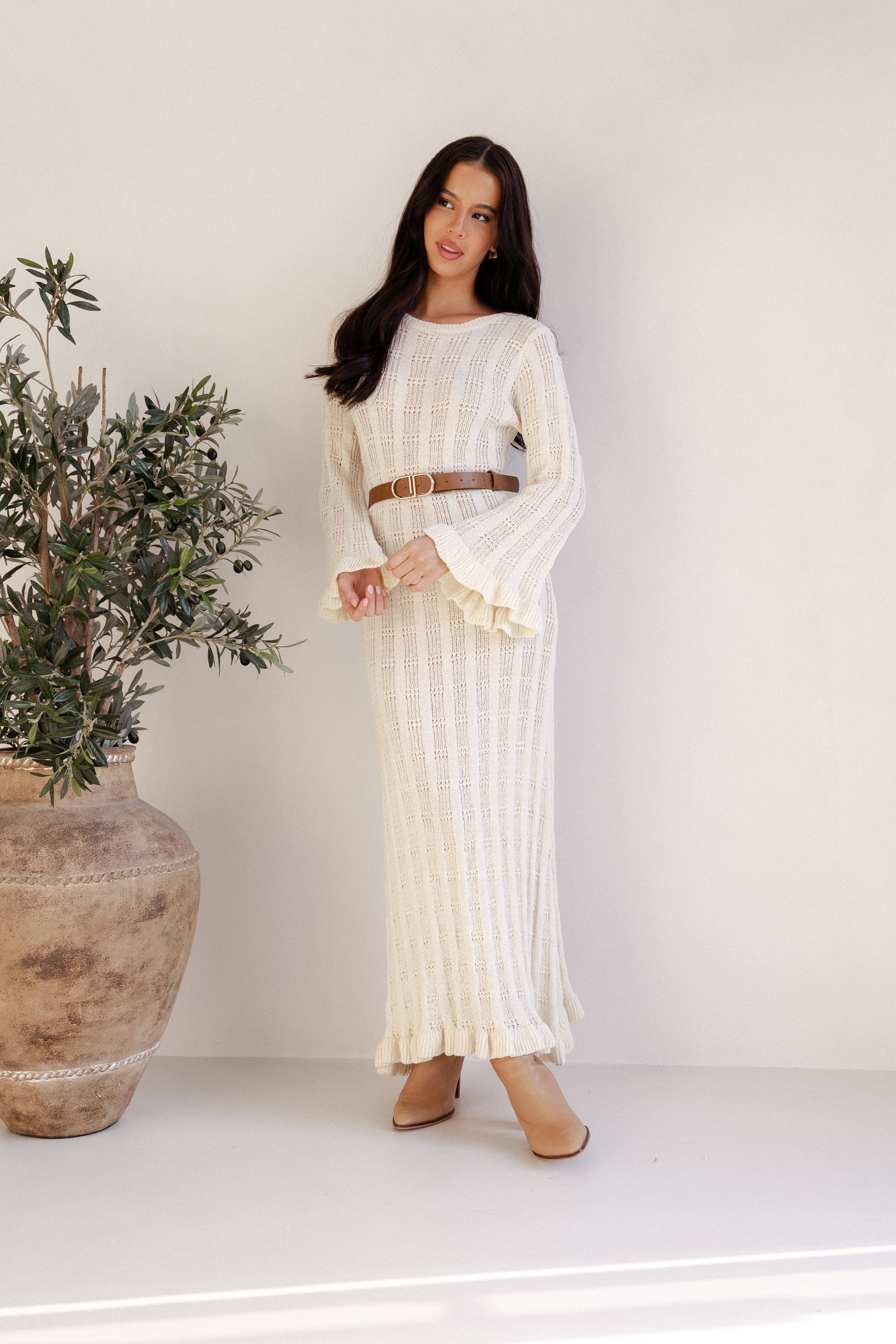 White Crochet Knit Maxi Dress with Flared Sleeves - Colter