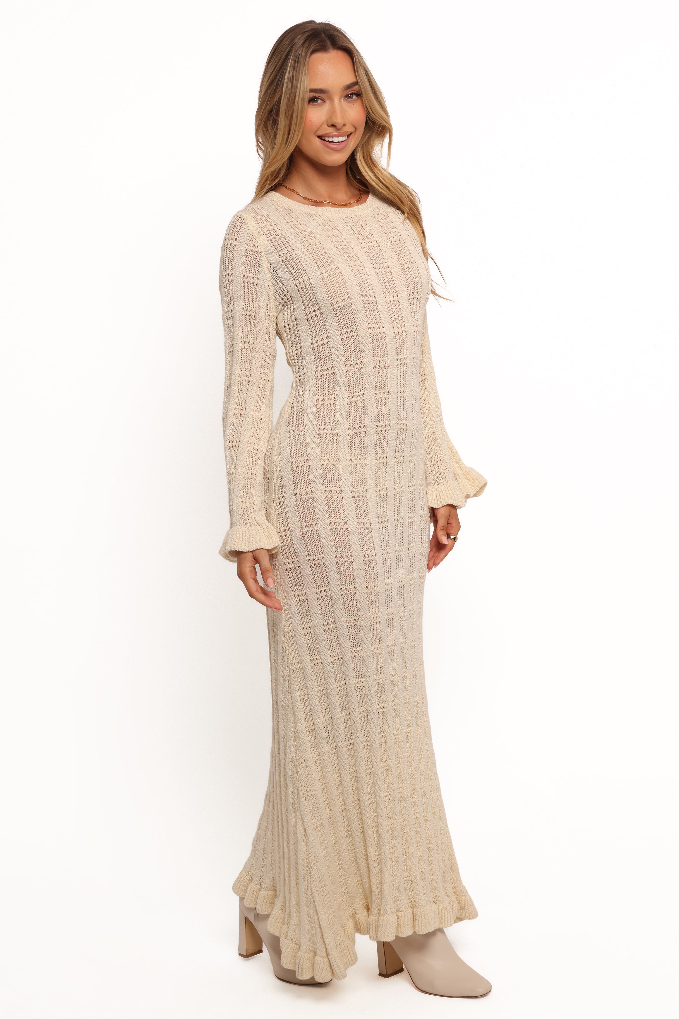 White Crochet Knit Maxi Dress with Flared Sleeves - Colter