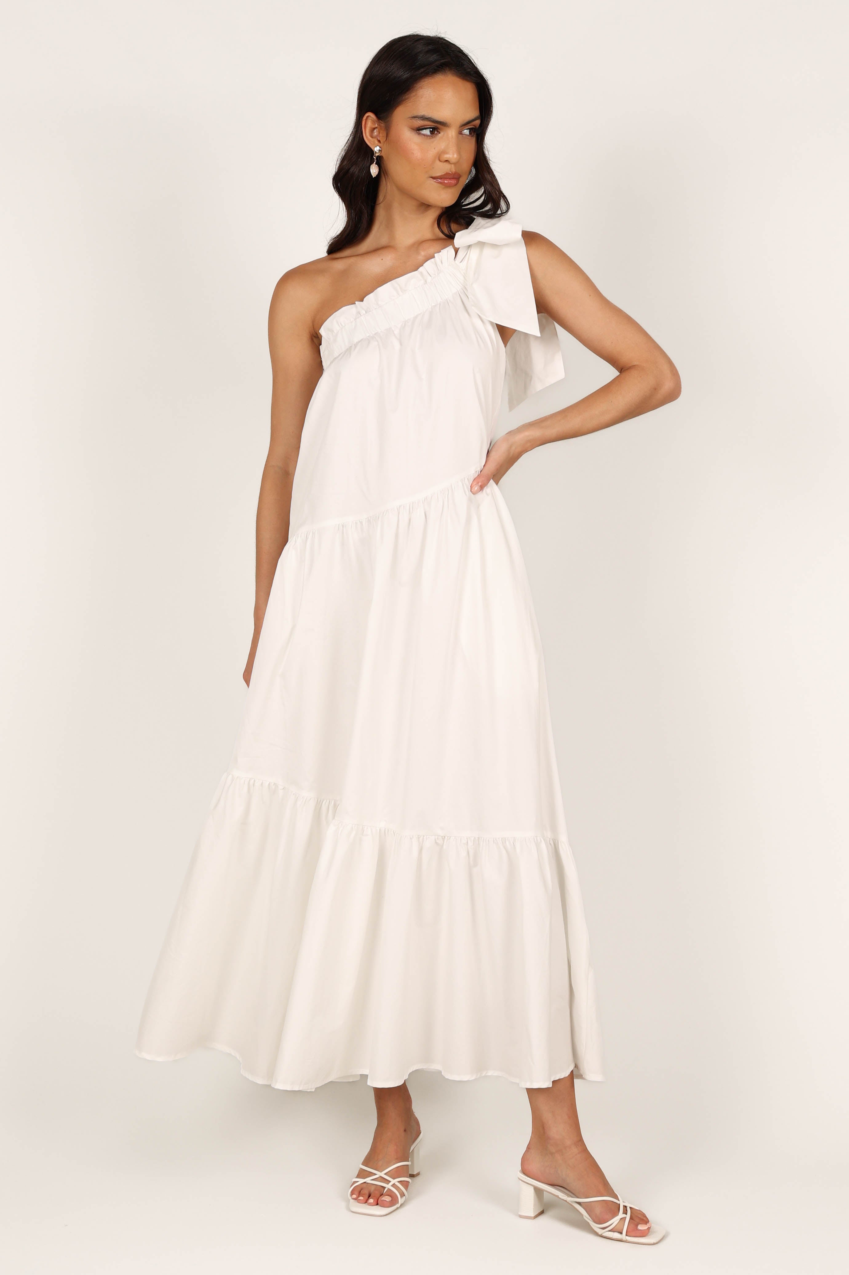 Ava White One Shoulder Maxi Dress with Side Pockets