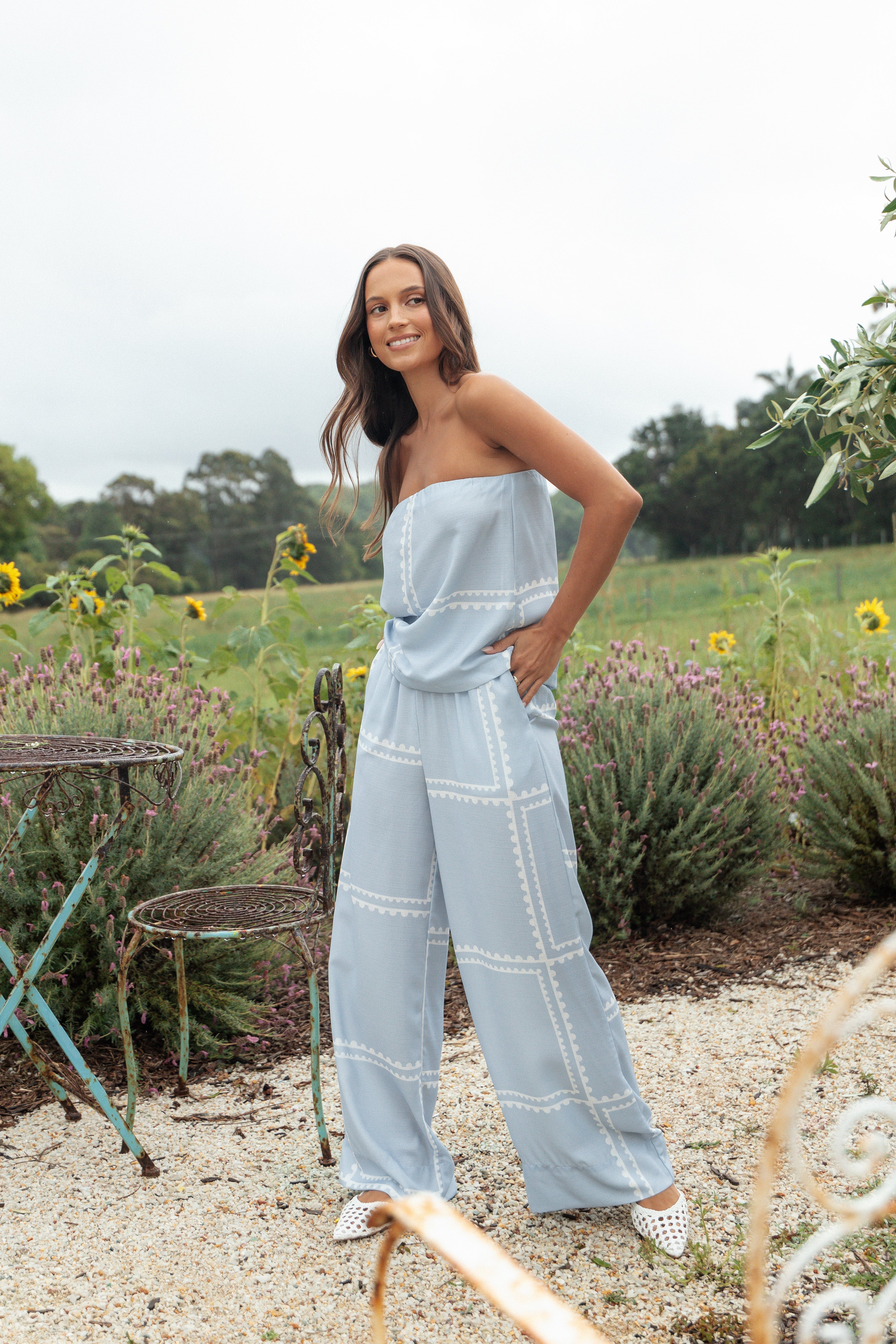 Linen Blend Strapless Pant Set - Ezra Light Blue Wide Leg
