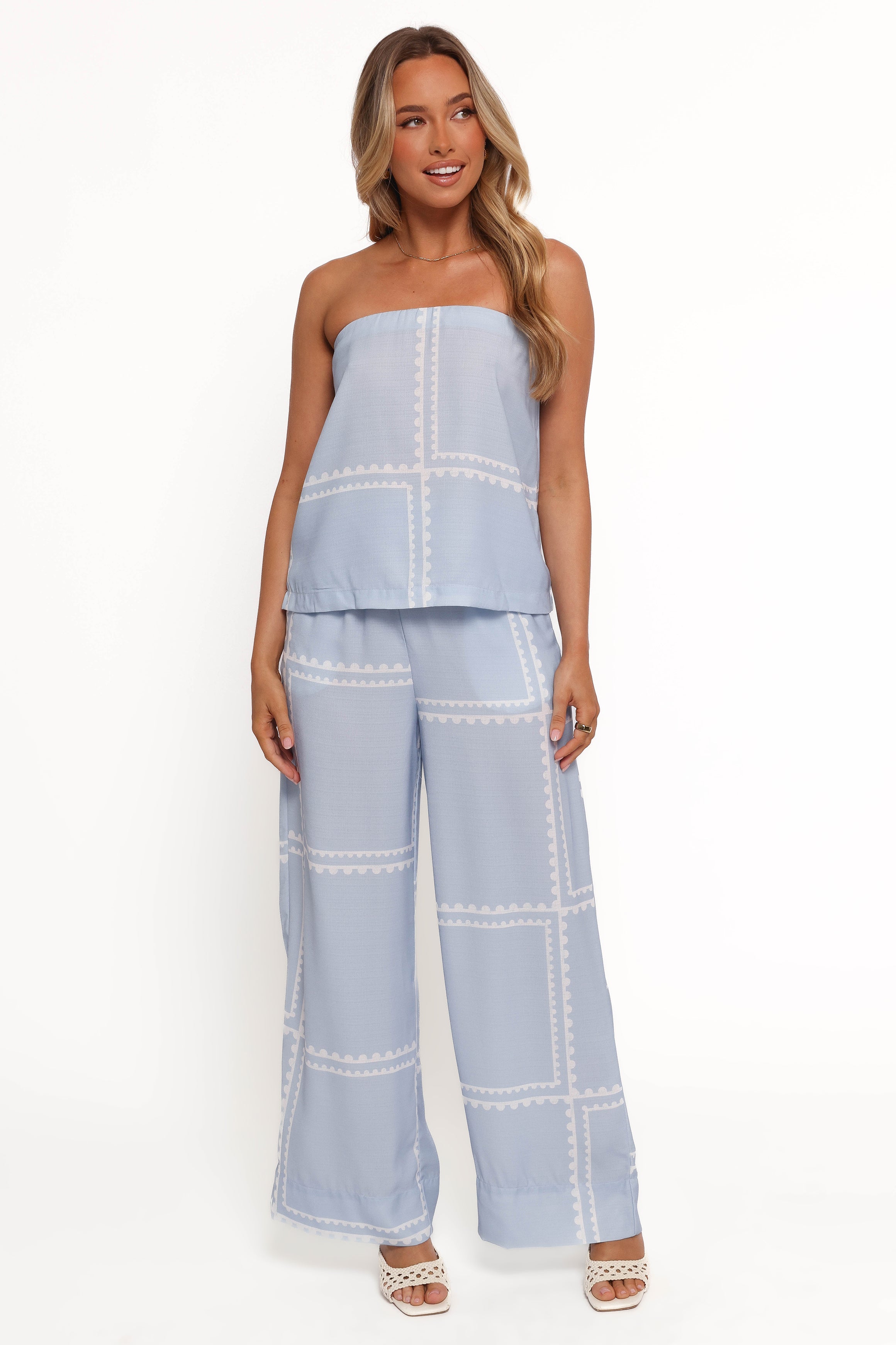 Linen Blend Strapless Pant Set - Ezra Light Blue Wide Leg