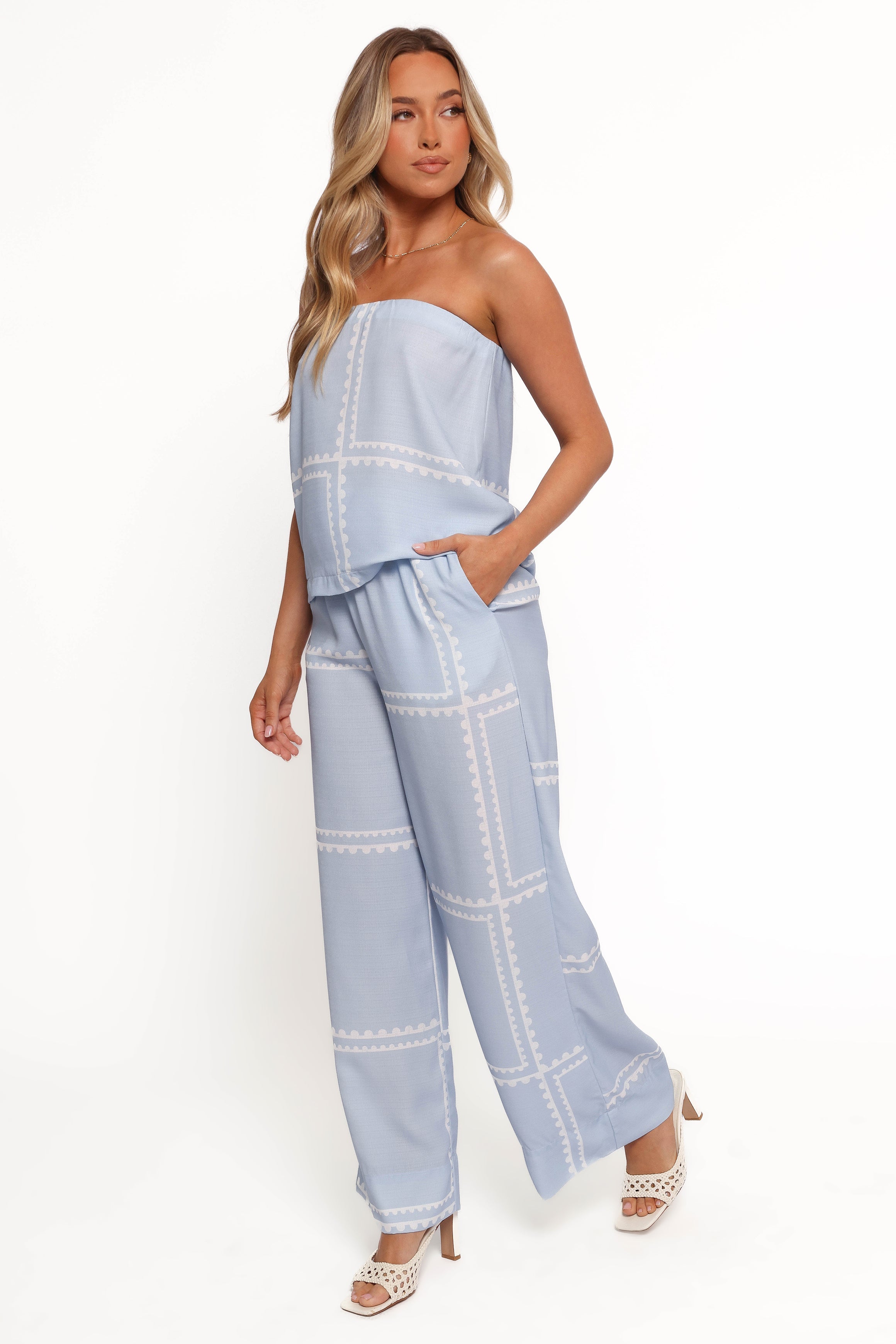 Linen Blend Strapless Pant Set - Ezra Light Blue Wide Leg