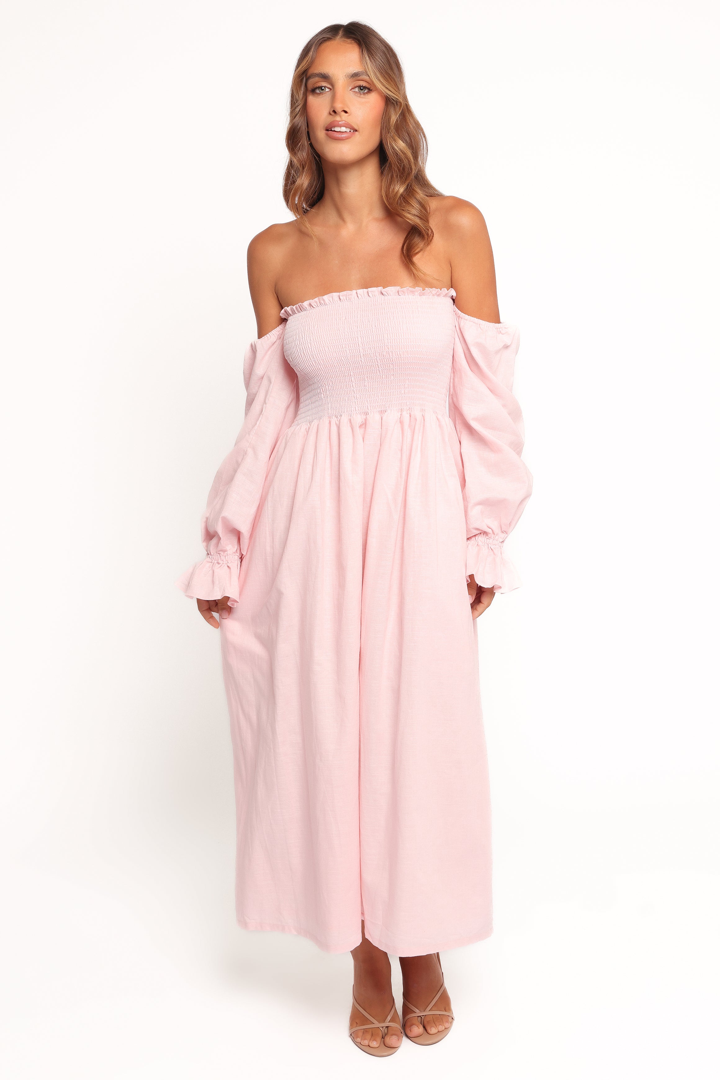 Off Shoulder Shirred Midi Dress with Pockets - Domenica Pink