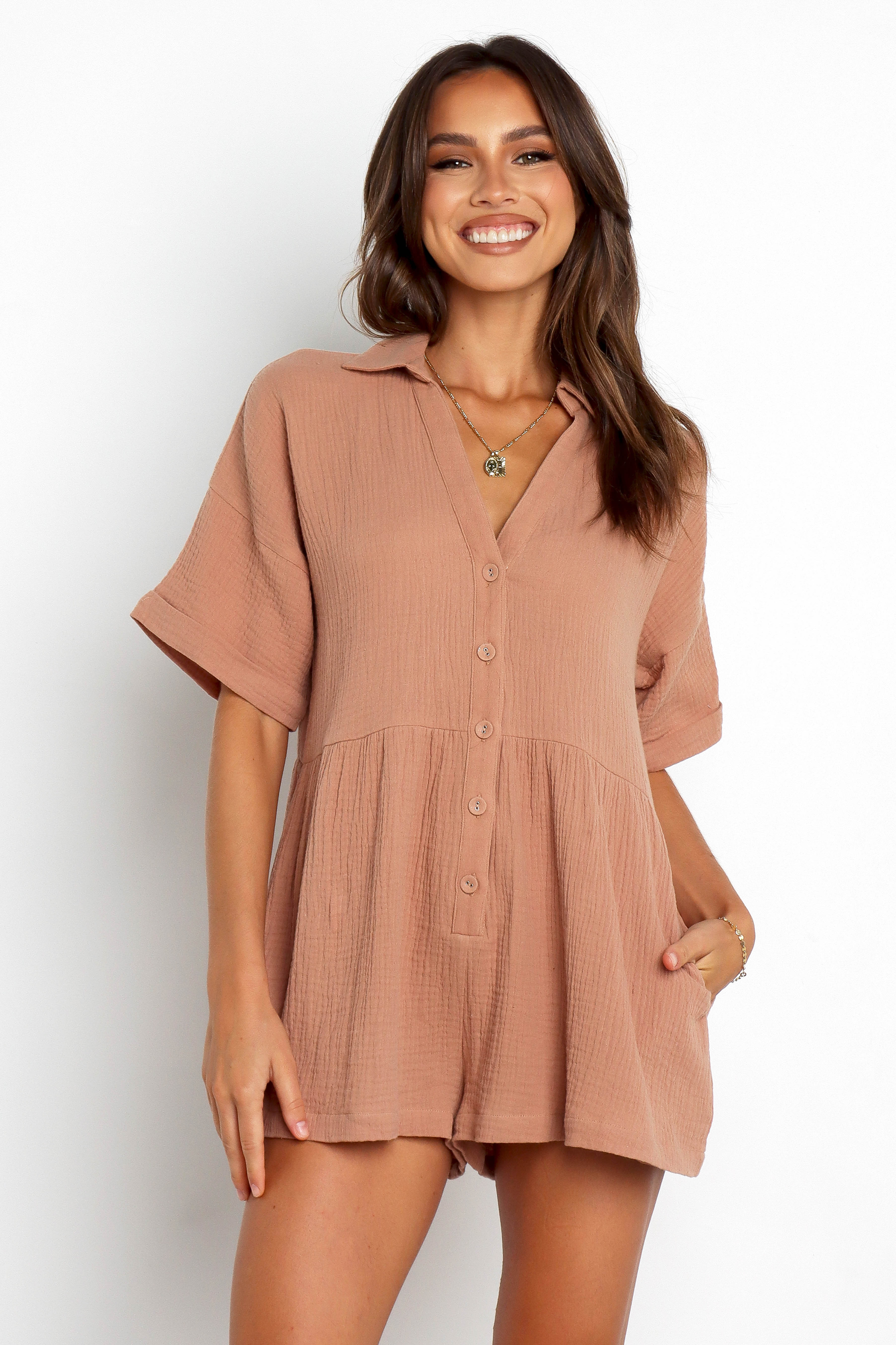 Women's Mocha Romper with V-Neck & Pockets – Winny Oversized Fit