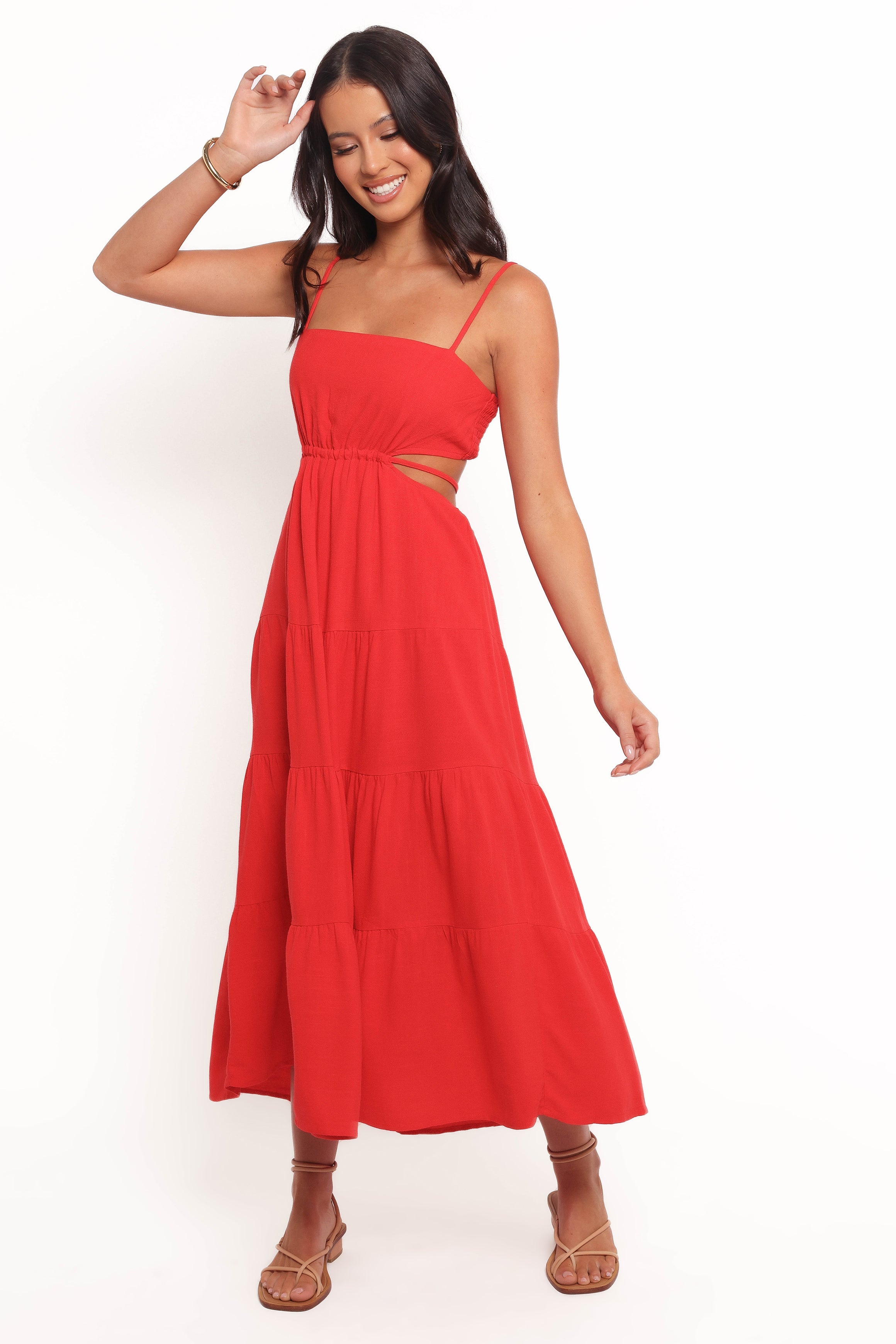 Red Linen Midi Dress with Adjustable Straps & Back Cut-Out - Indra