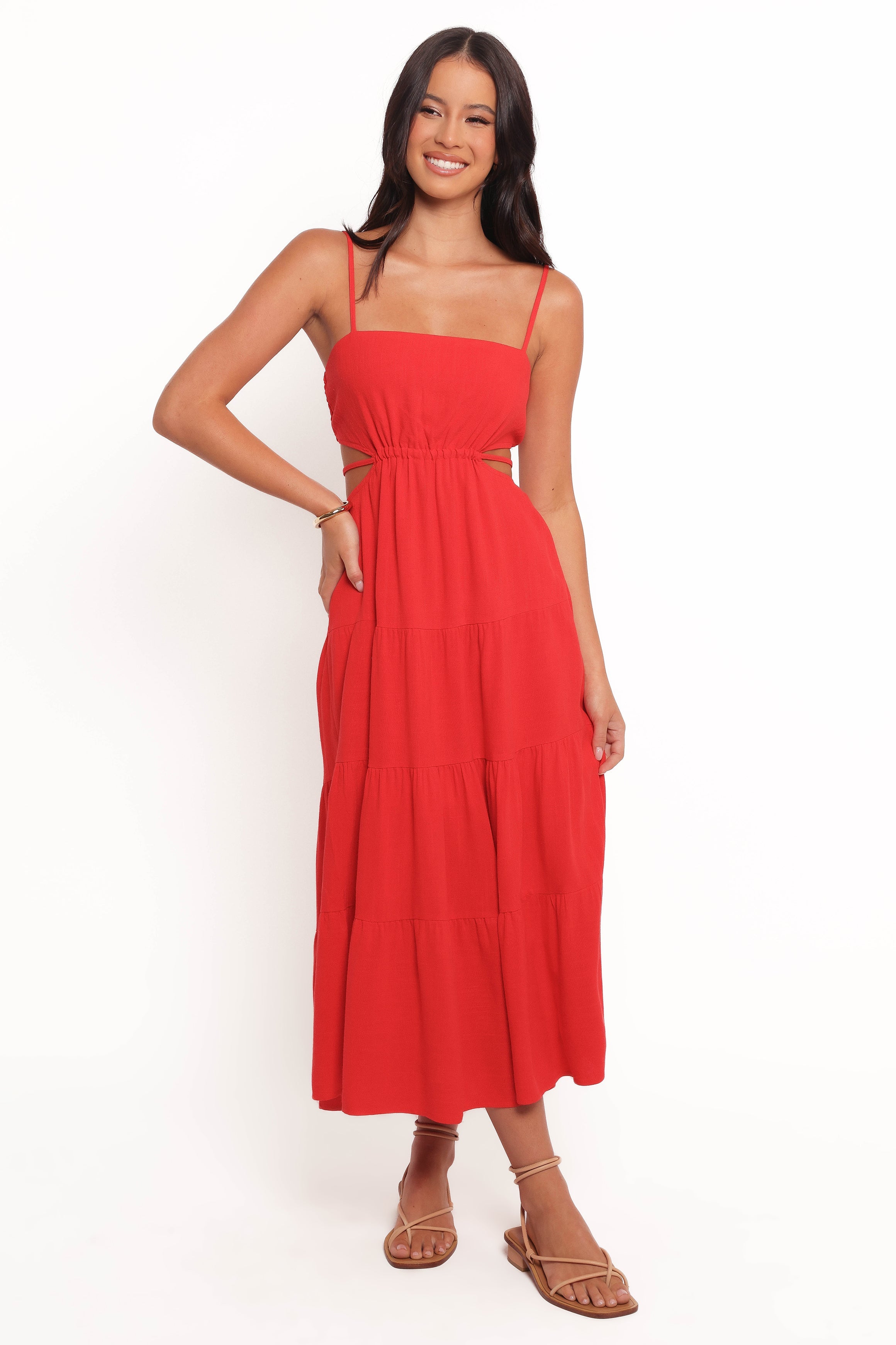 Red Linen Midi Dress with Adjustable Straps & Back Cut-Out - Indra