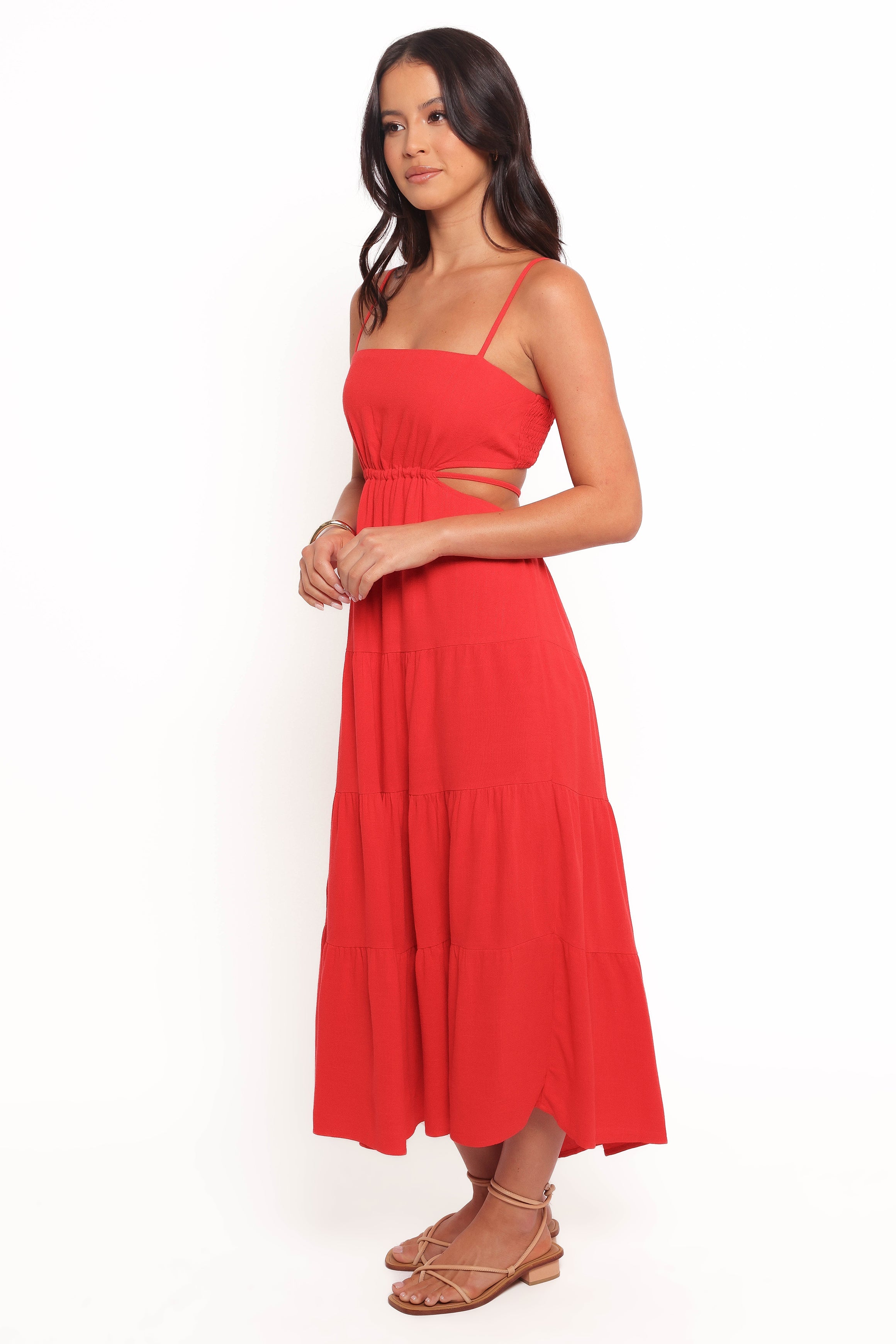 Red Linen Midi Dress with Adjustable Straps & Back Cut-Out - Indra