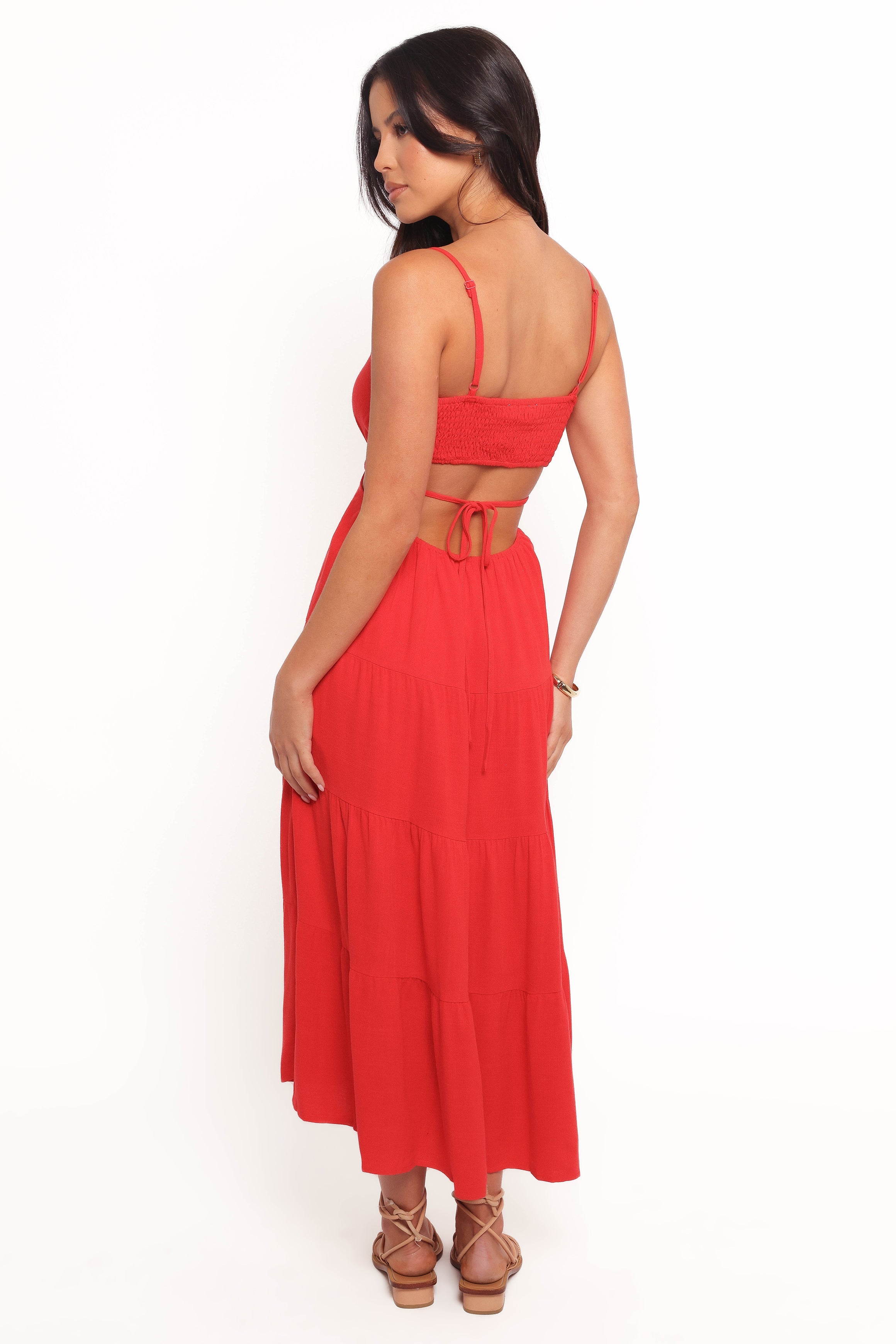 Red Linen Midi Dress with Adjustable Straps & Back Cut-Out - Indra