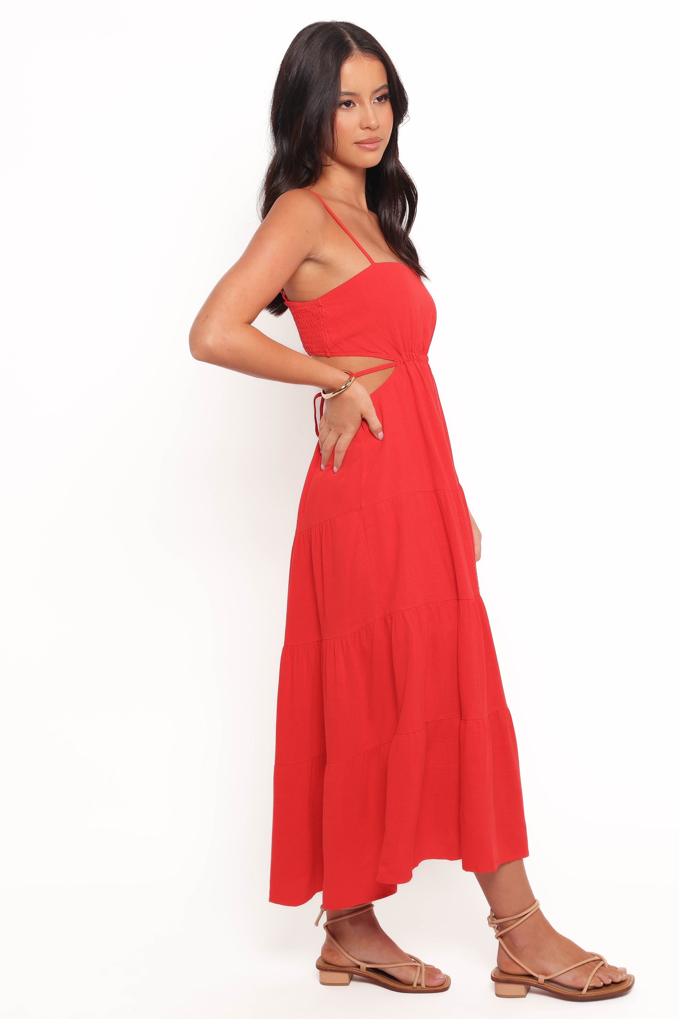 Red Linen Midi Dress with Adjustable Straps & Back Cut-Out - Indra