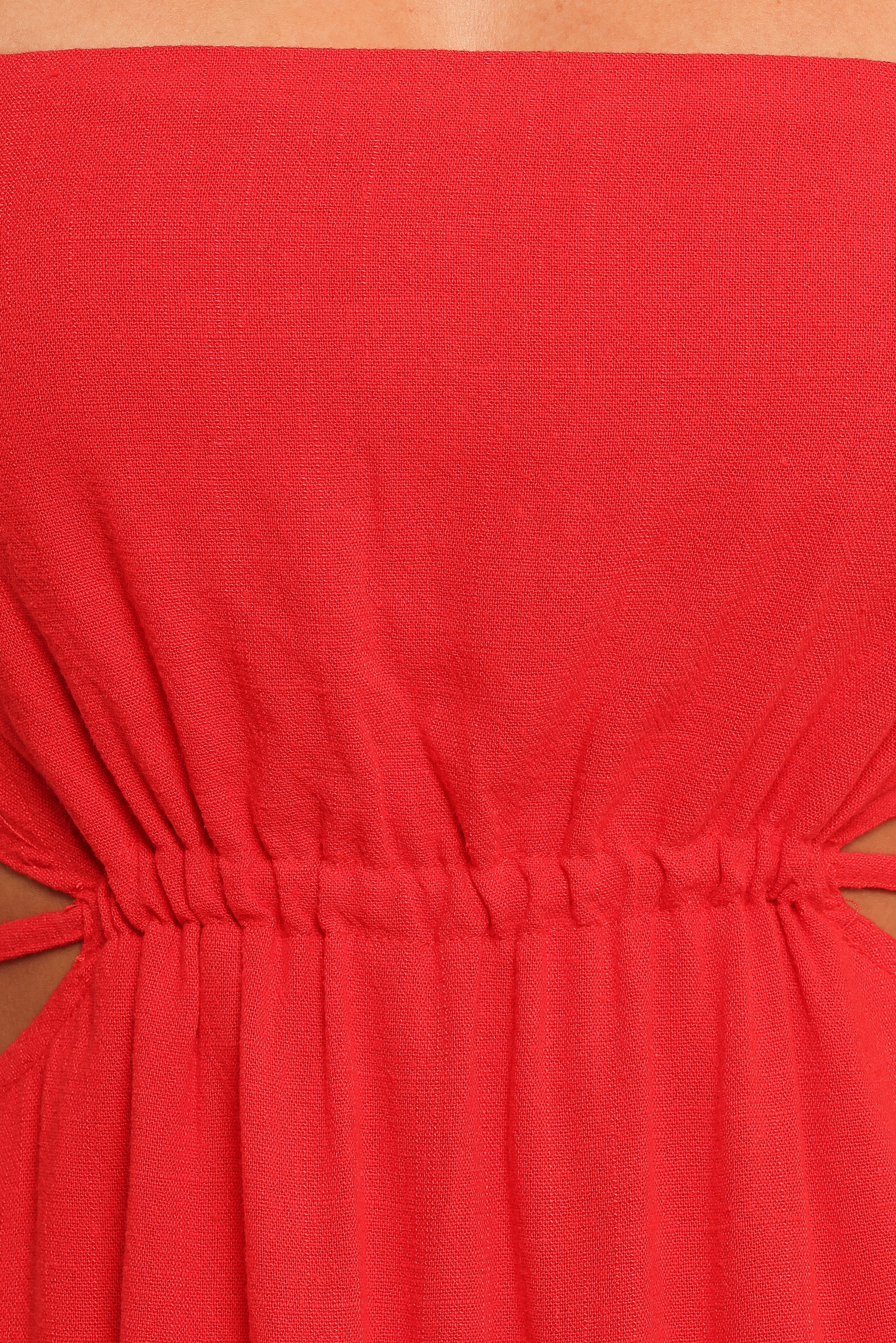 Red Linen Midi Dress with Adjustable Straps & Back Cut-Out - Indra