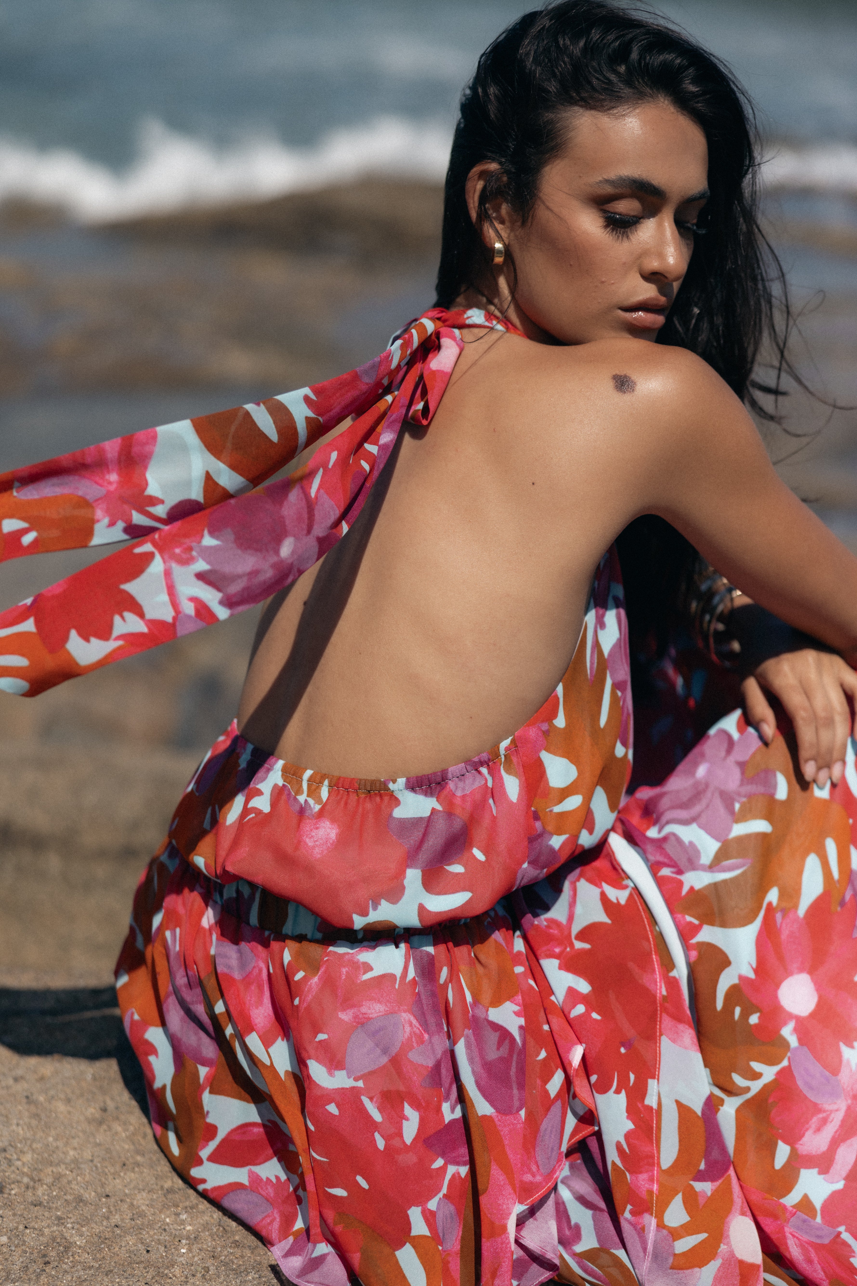 Pink Azalea Floral Halter Top - Cropped & Open Back