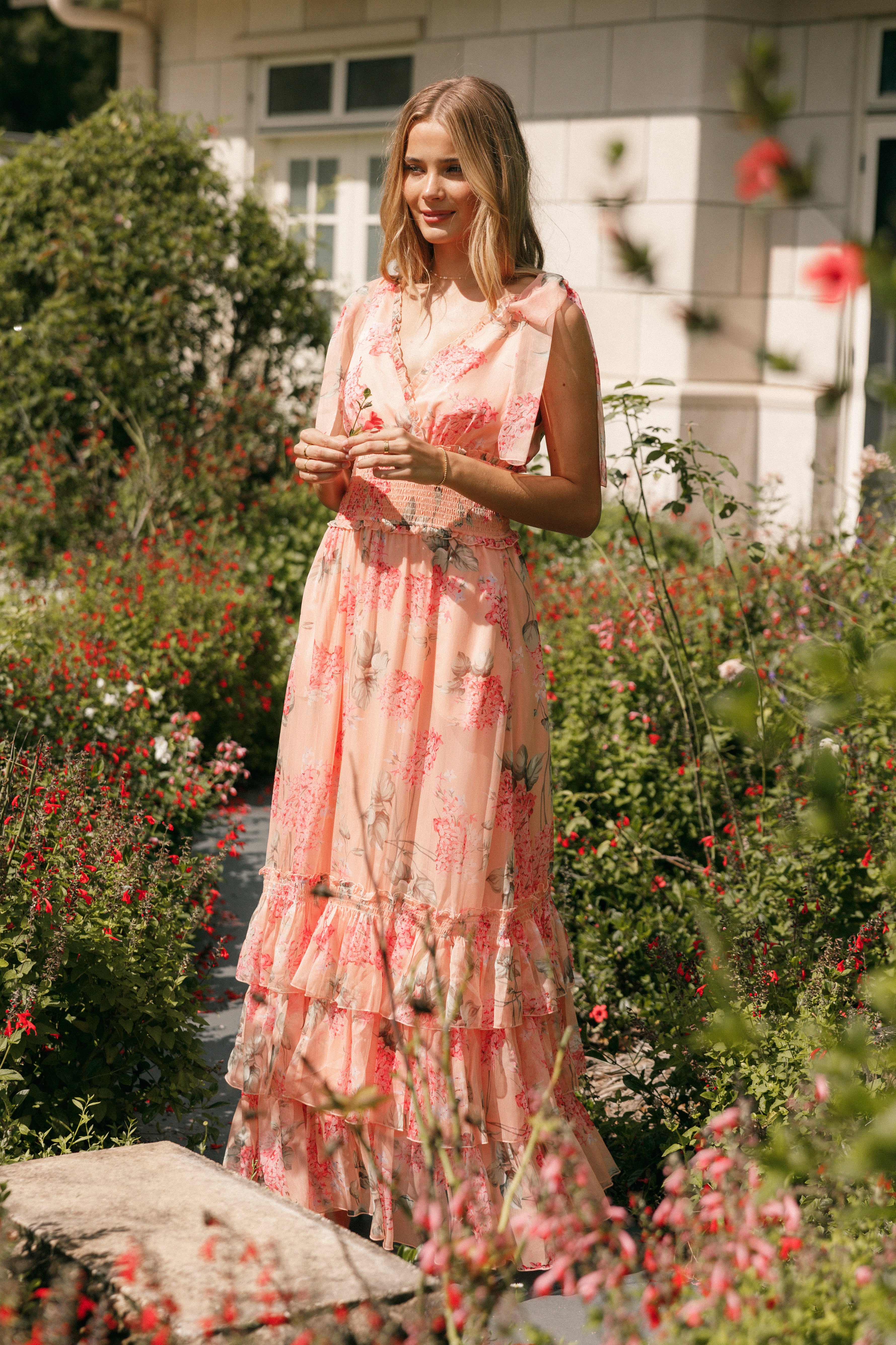 Floral Maxi Dress with V-Neck & Ruffled Hem - Fionna Peach Dress