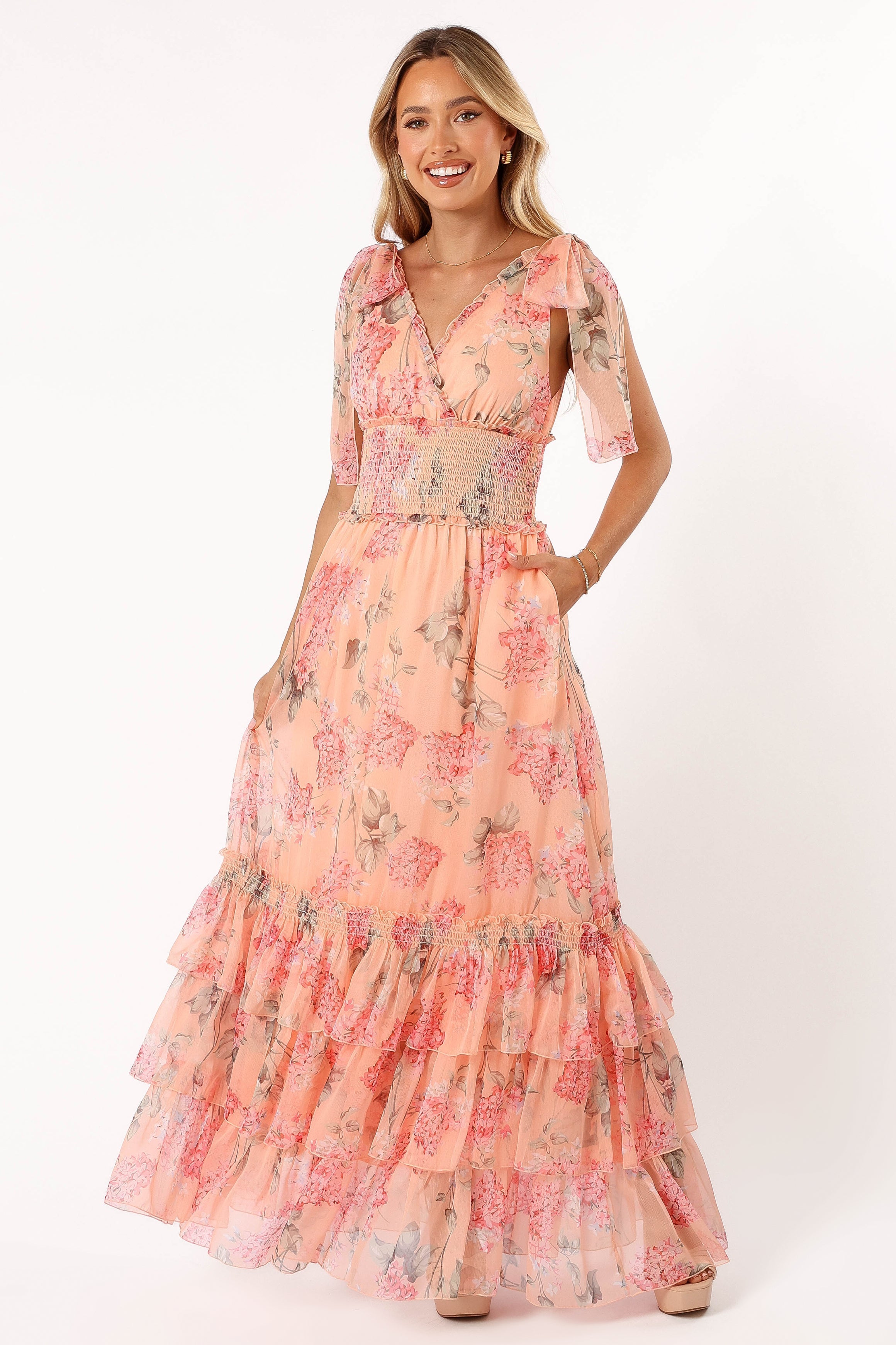 Floral Maxi Dress with V-Neck & Ruffled Hem - Fionna Peach Dress