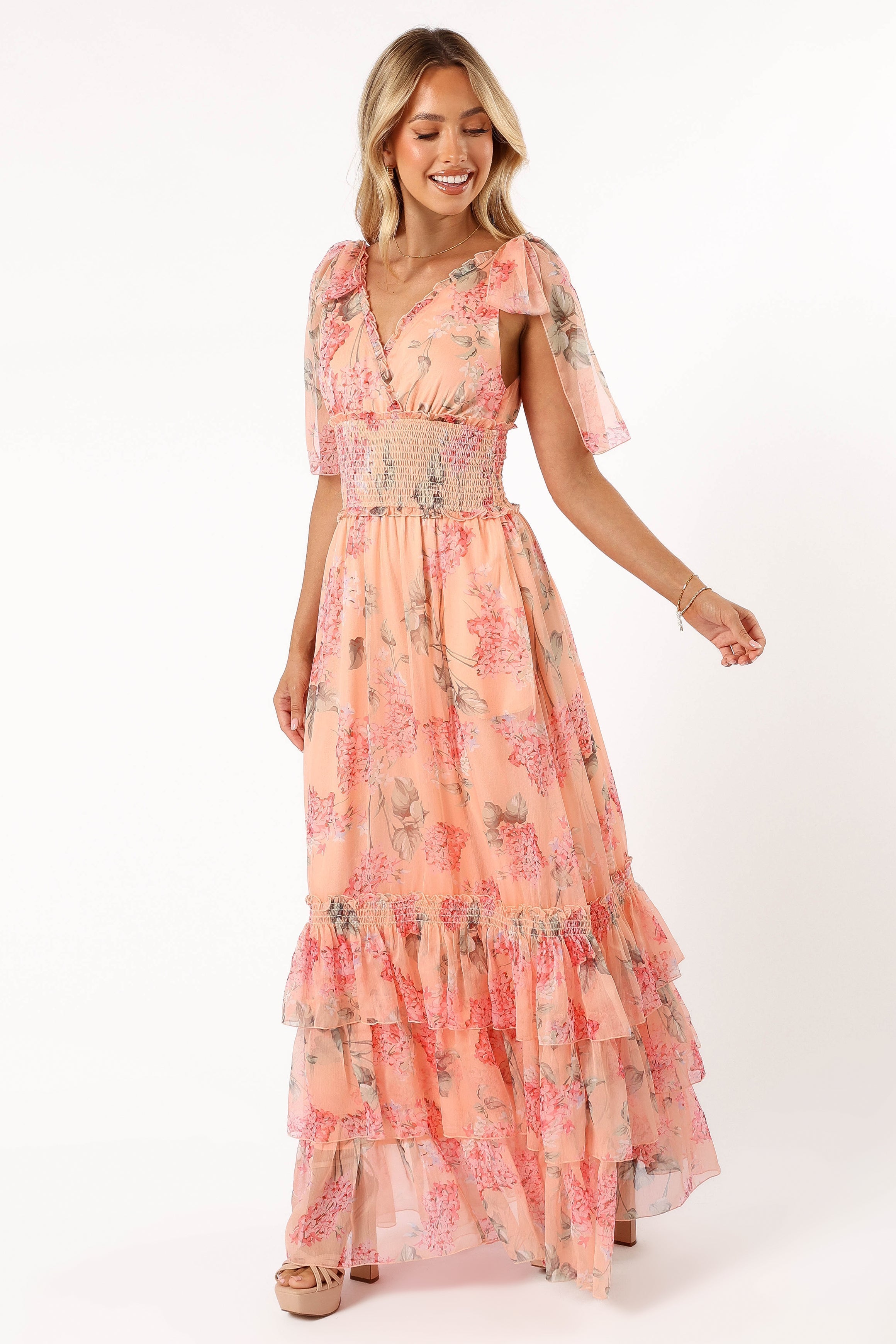 Floral Maxi Dress with V-Neck & Ruffled Hem - Fionna Peach Dress
