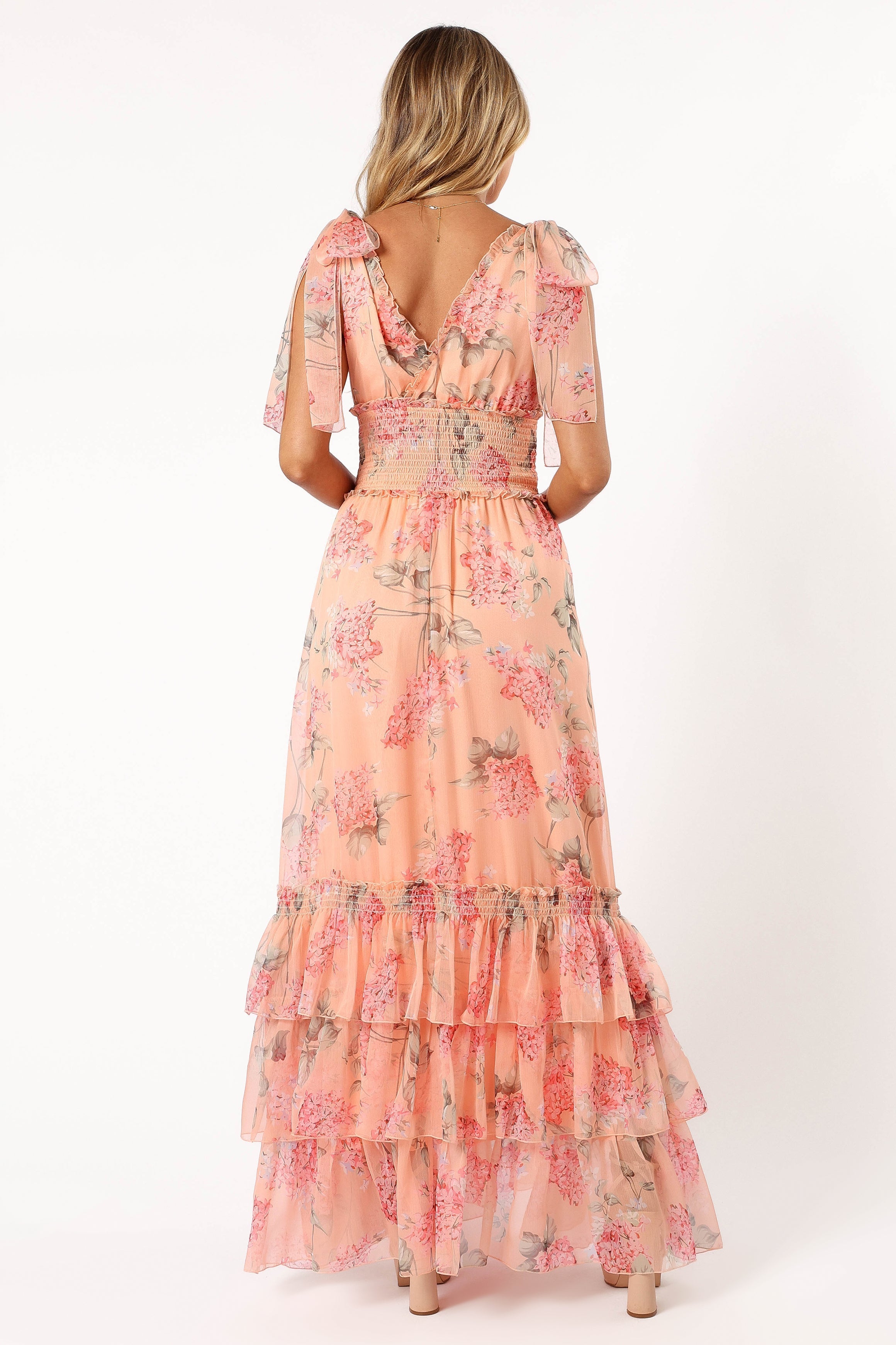 Floral Maxi Dress with V-Neck & Ruffled Hem - Fionna Peach Dress