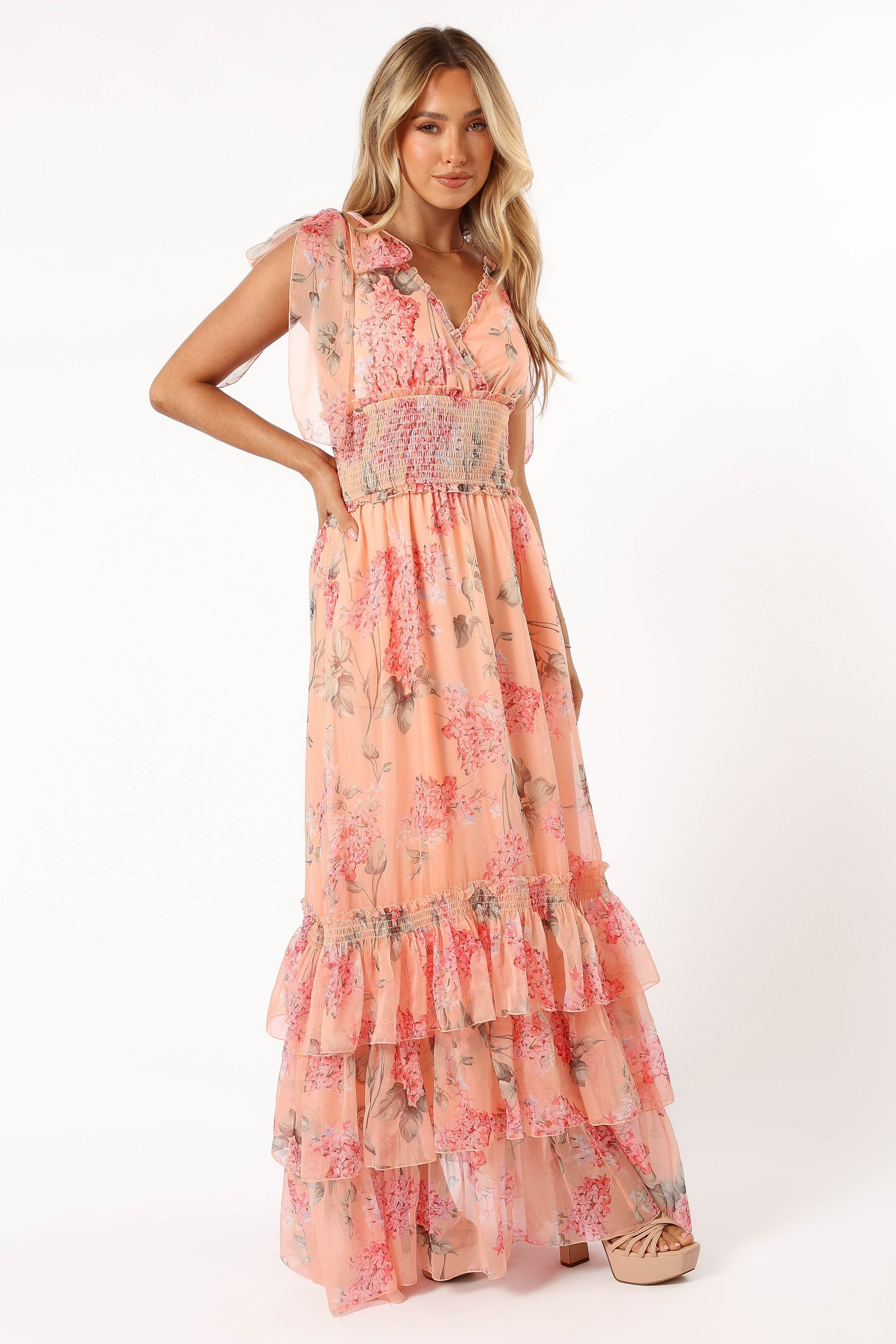 Floral Maxi Dress with V-Neck & Ruffled Hem - Fionna Peach Dress