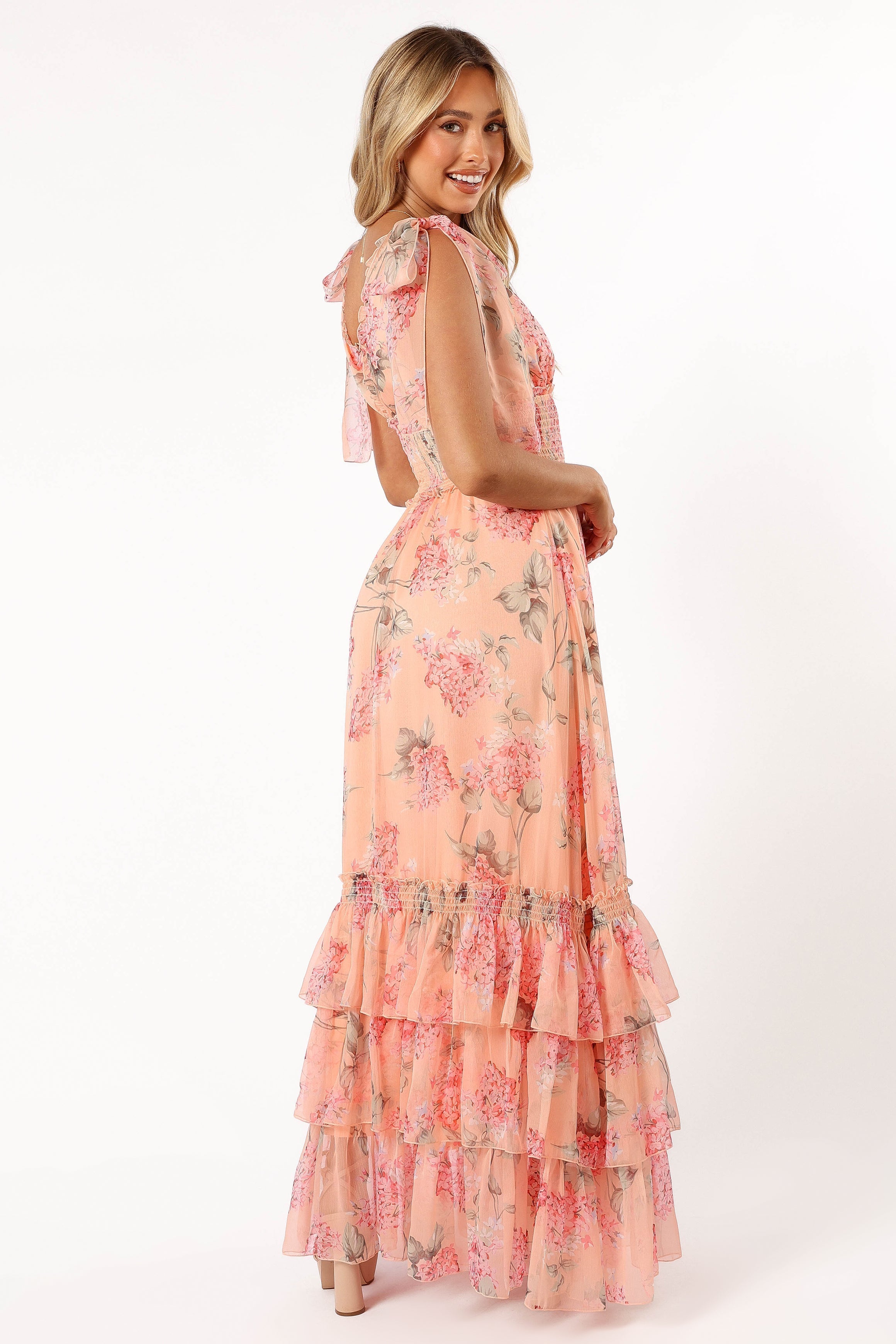 Floral Maxi Dress with V-Neck & Ruffled Hem - Fionna Peach Dress