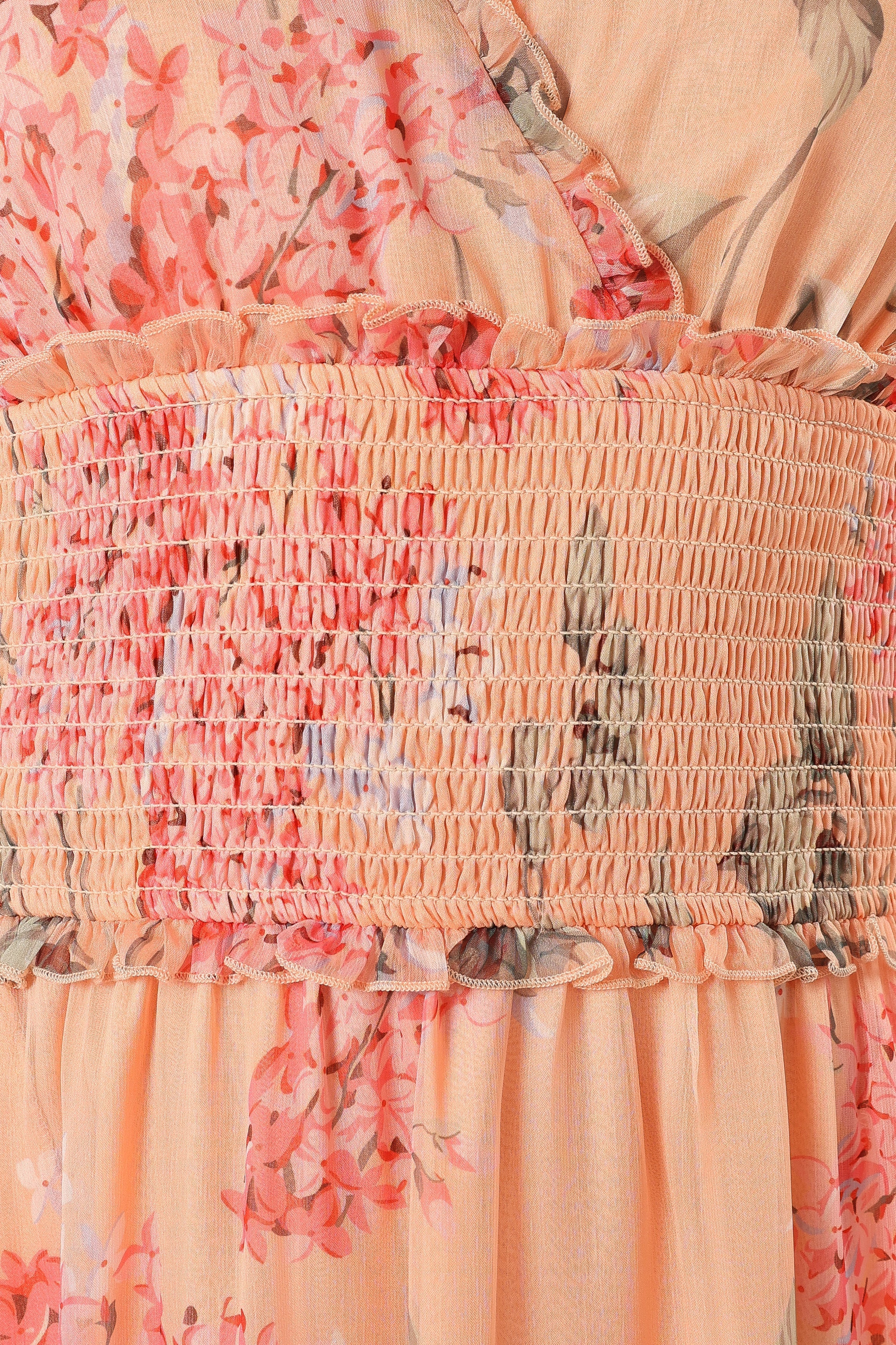 Floral Maxi Dress with V-Neck & Ruffled Hem - Fionna Peach Dress
