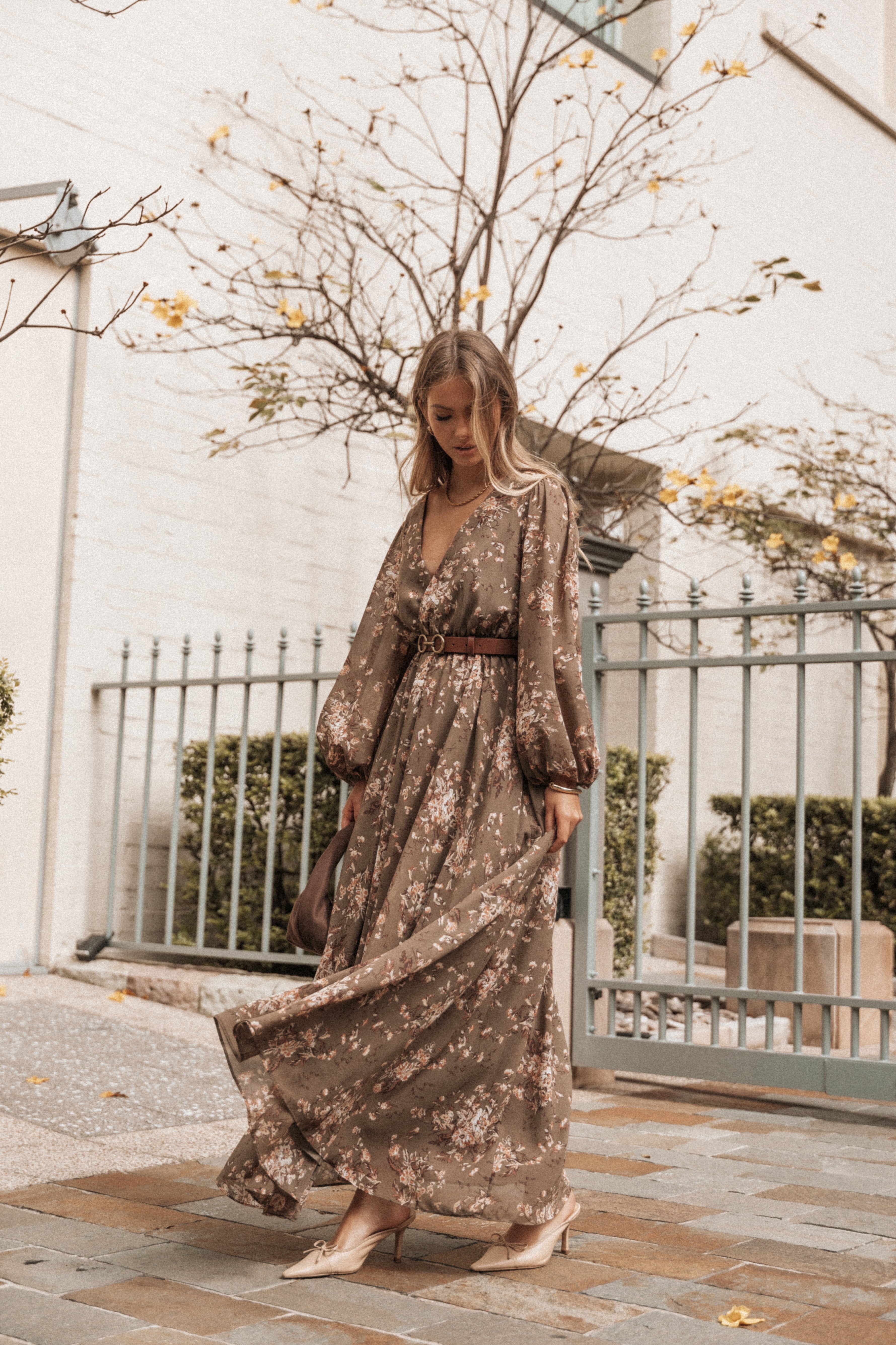 Olive Floral Maxi Dress with V Neckline & Long Sleeves - Anisa