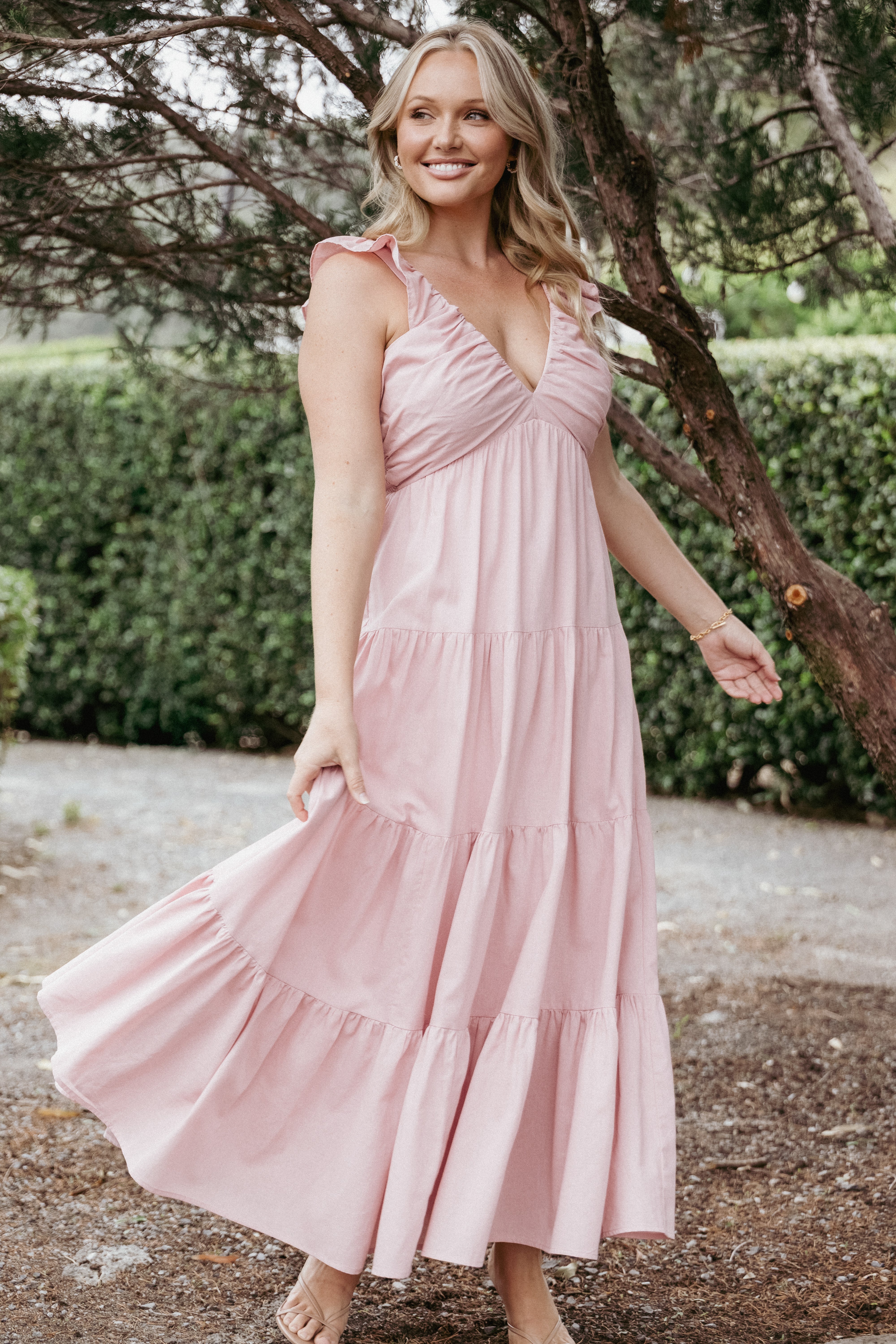 Boho Pink Susie Maxi Dress with V Neck & Ruffle Edging