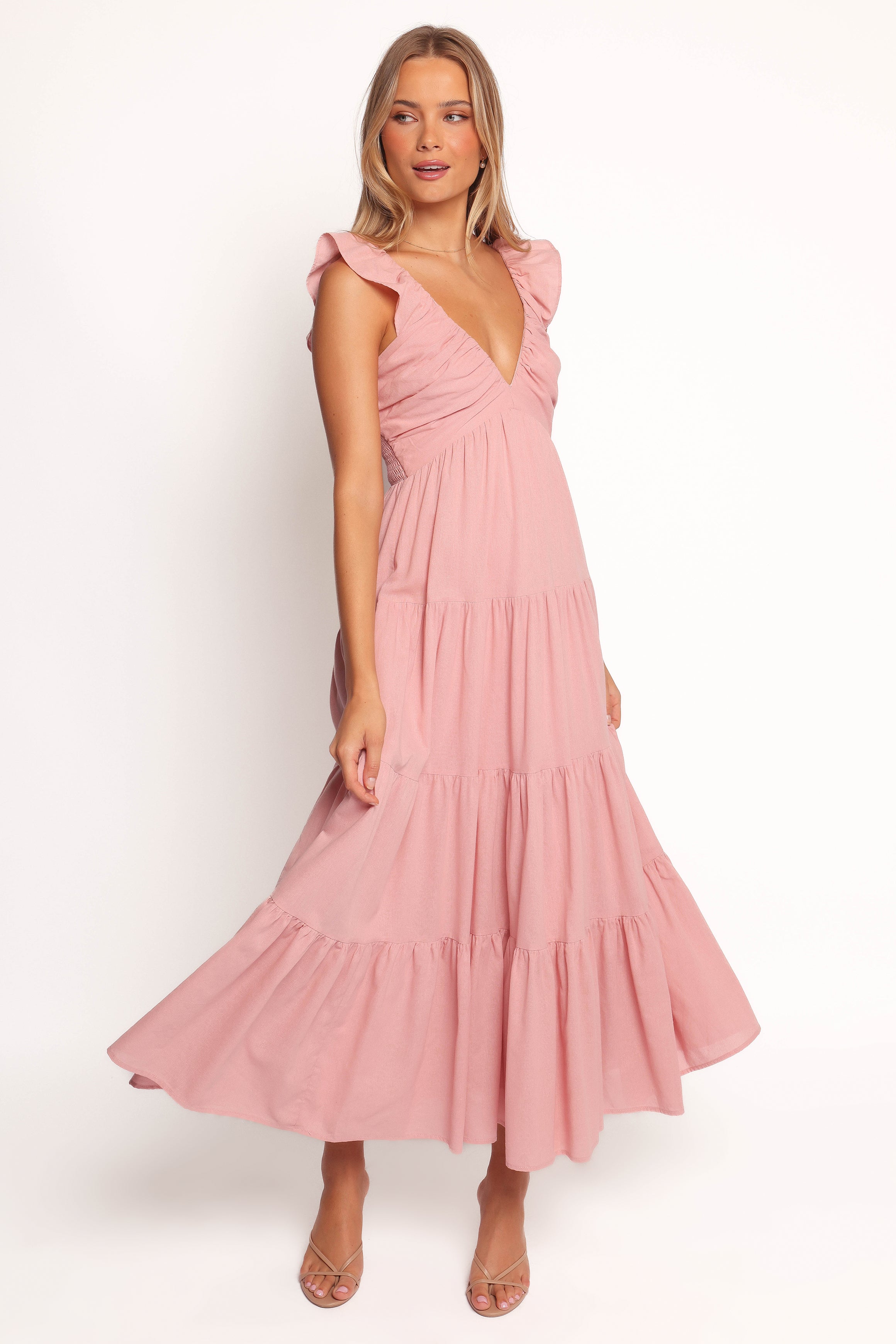 Boho Pink Susie Maxi Dress with V Neck & Ruffle Edging
