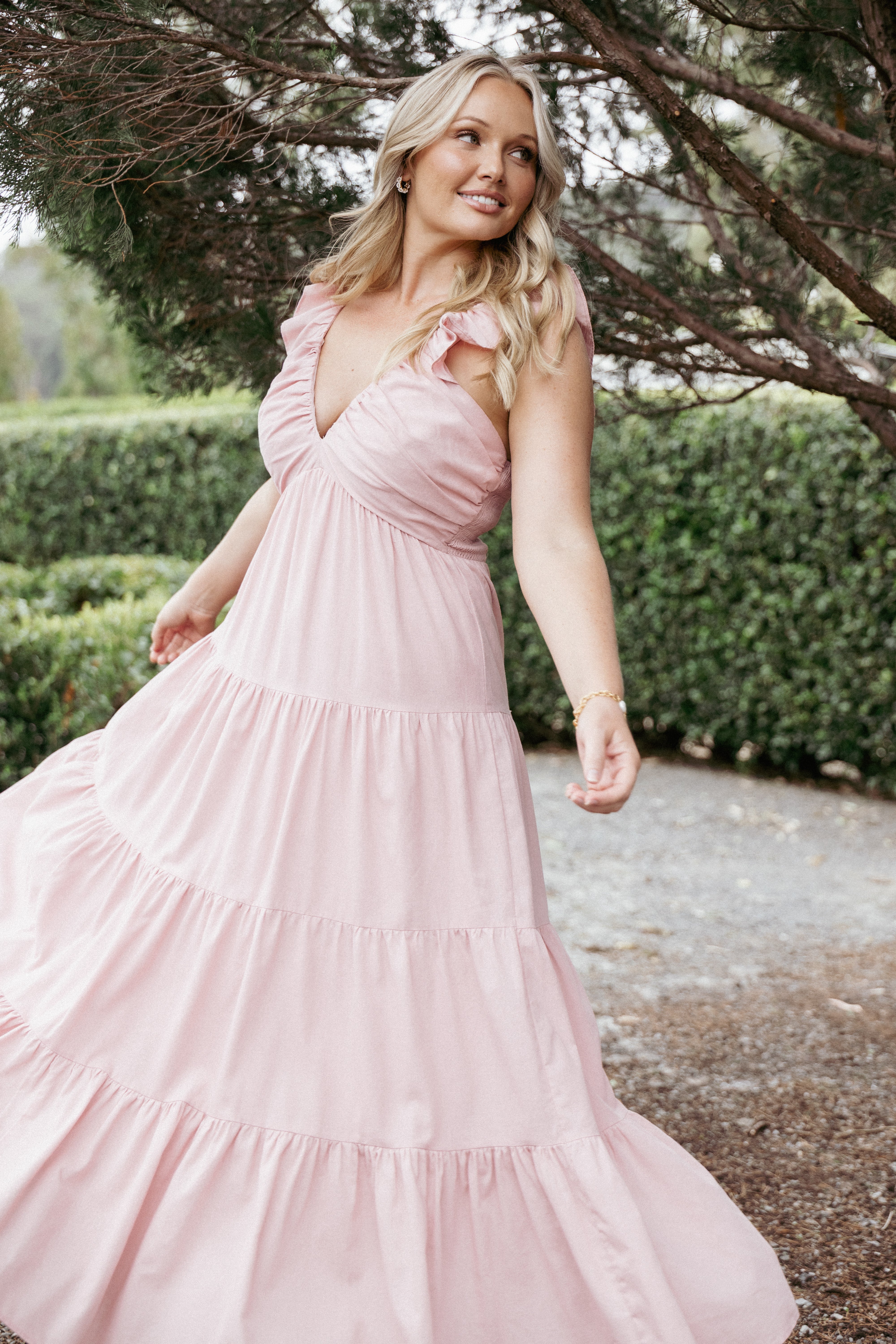 Boho Pink Susie Maxi Dress with V Neck & Ruffle Edging