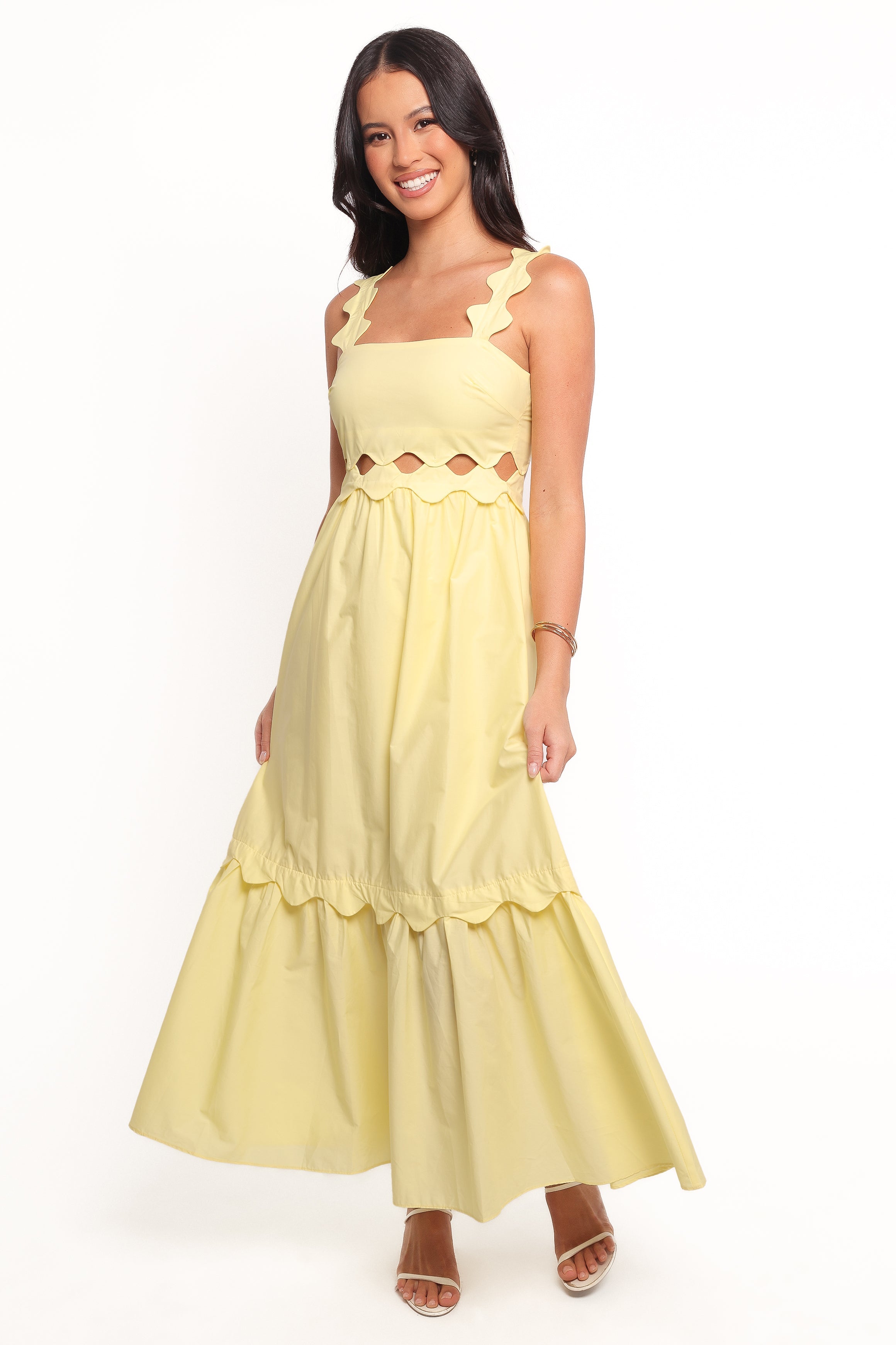 Yellow Cotton Dixie Maxi Dress with Scalloped Sleeves