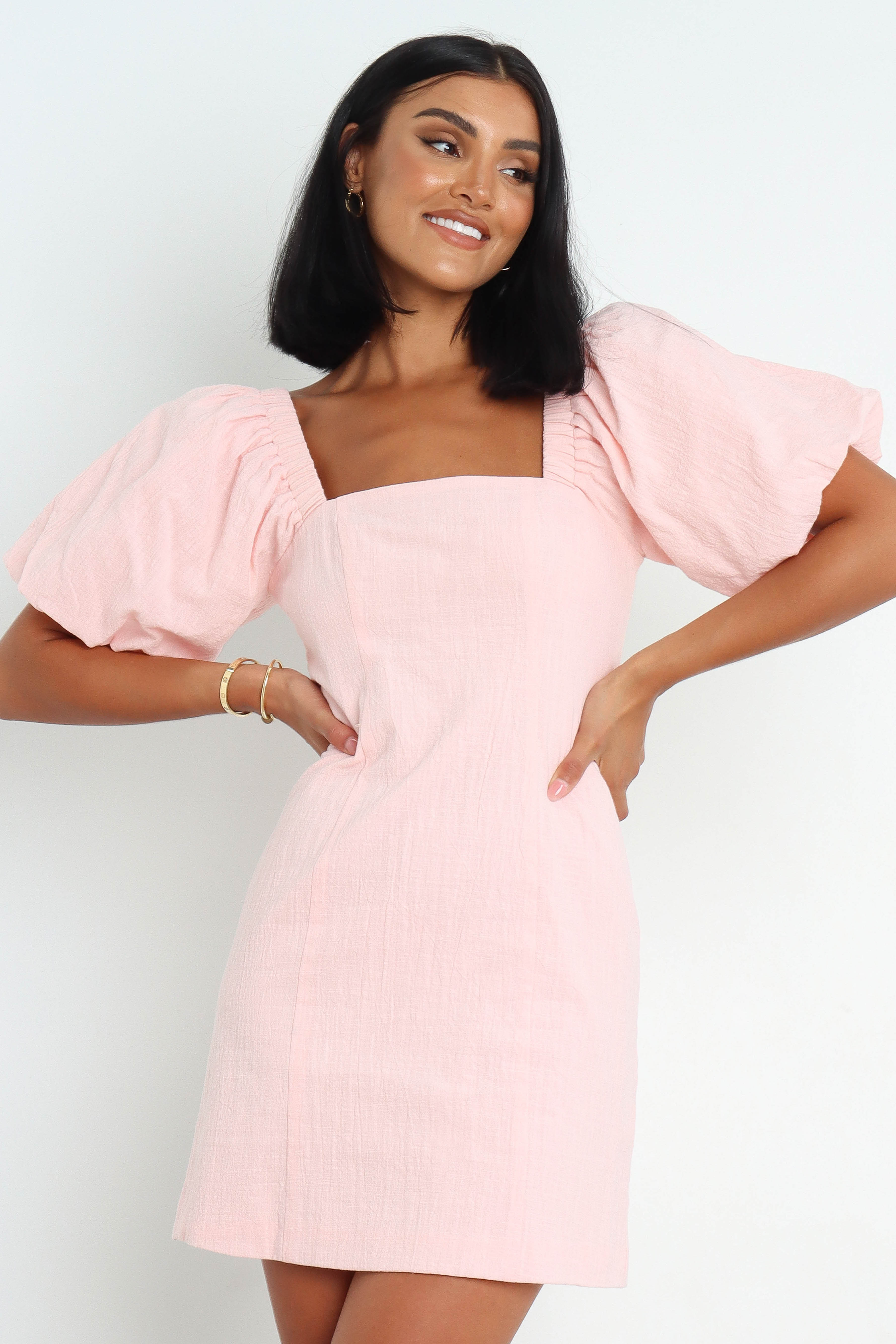 Baby Pink Tuscany Mini Dress with Puff Sleeves & Square Neck