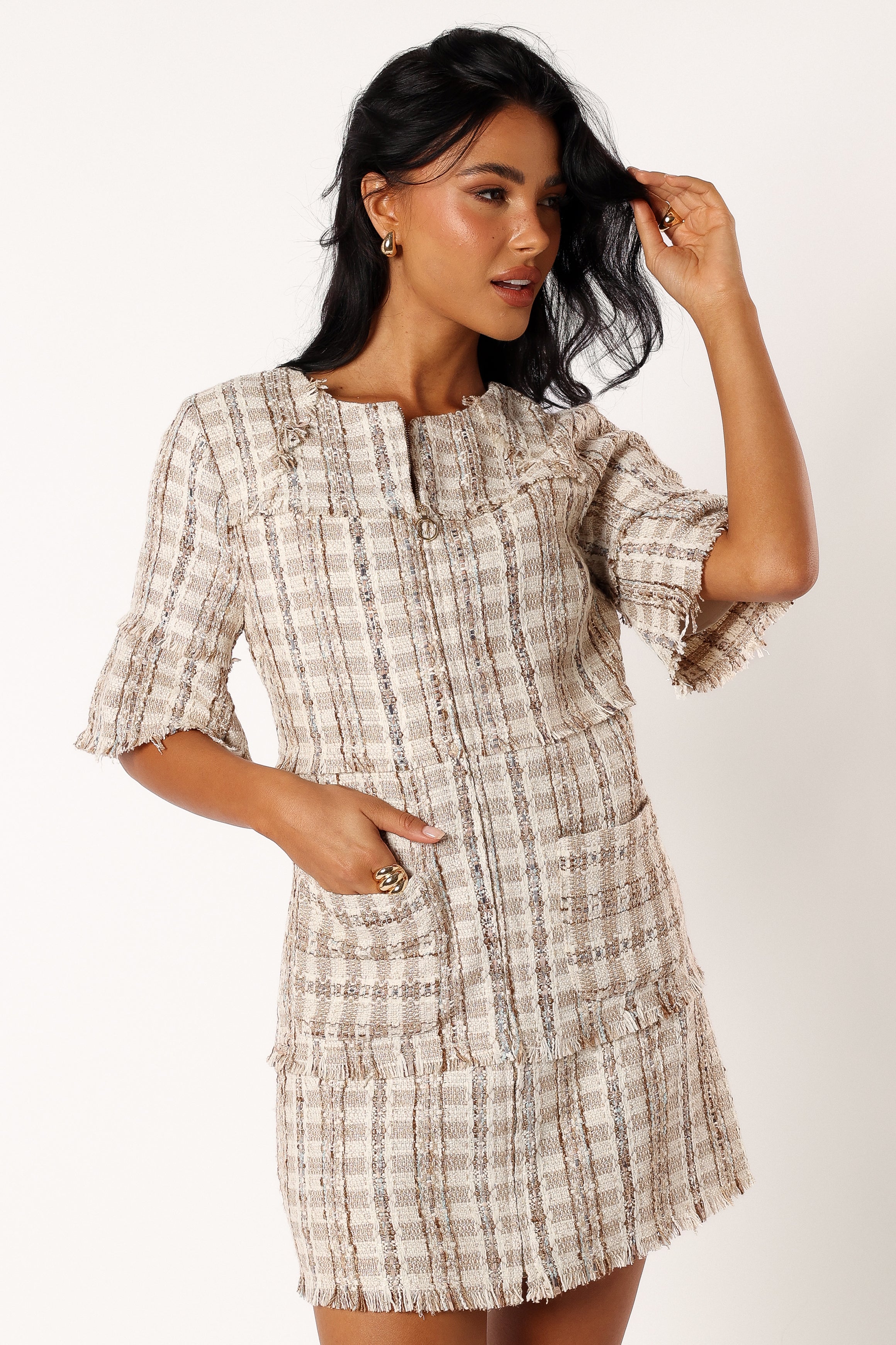 Calloway Cream Tweed Mini Dress with Front Zip & Pockets