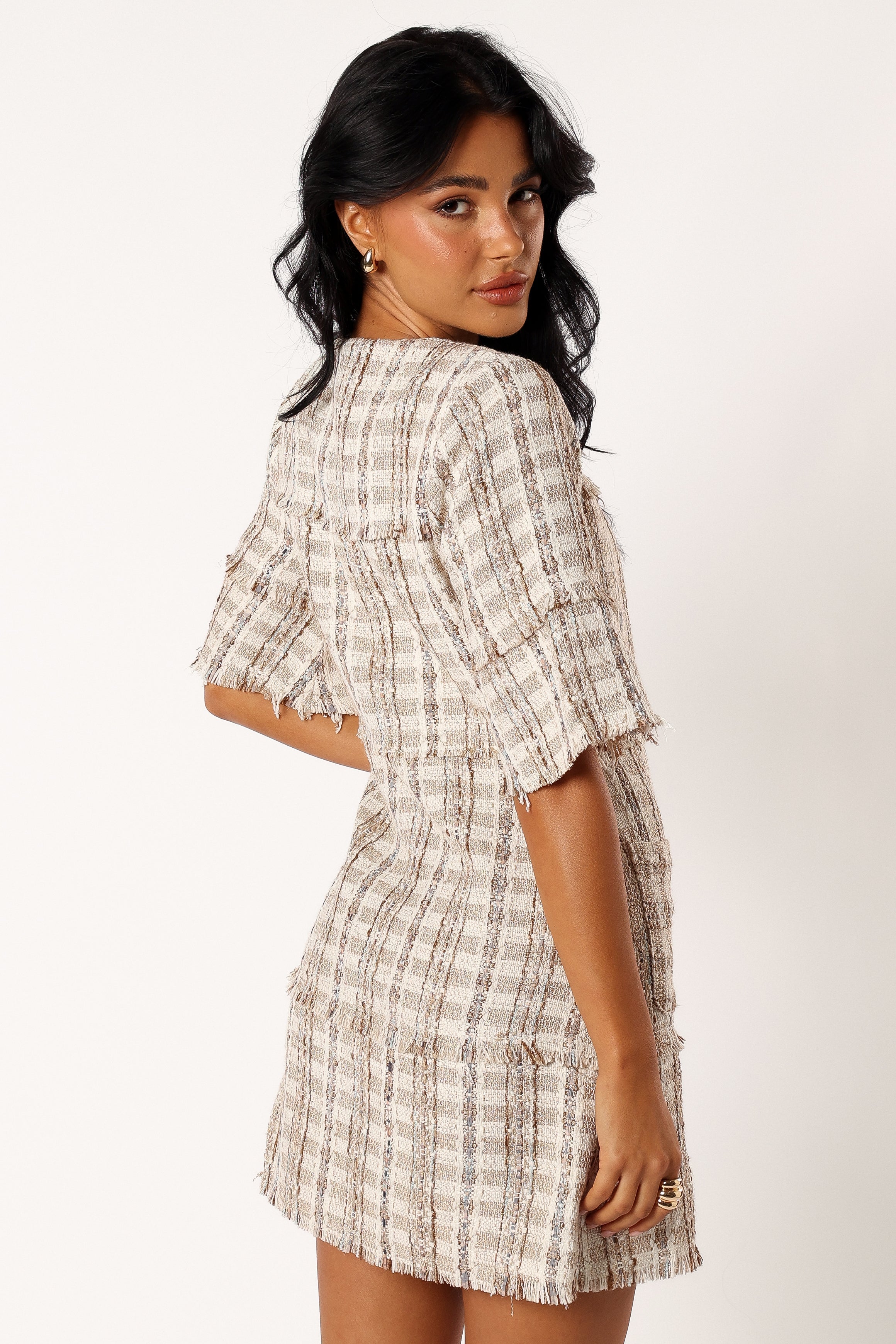 Calloway Cream Tweed Mini Dress with Front Zip & Pockets