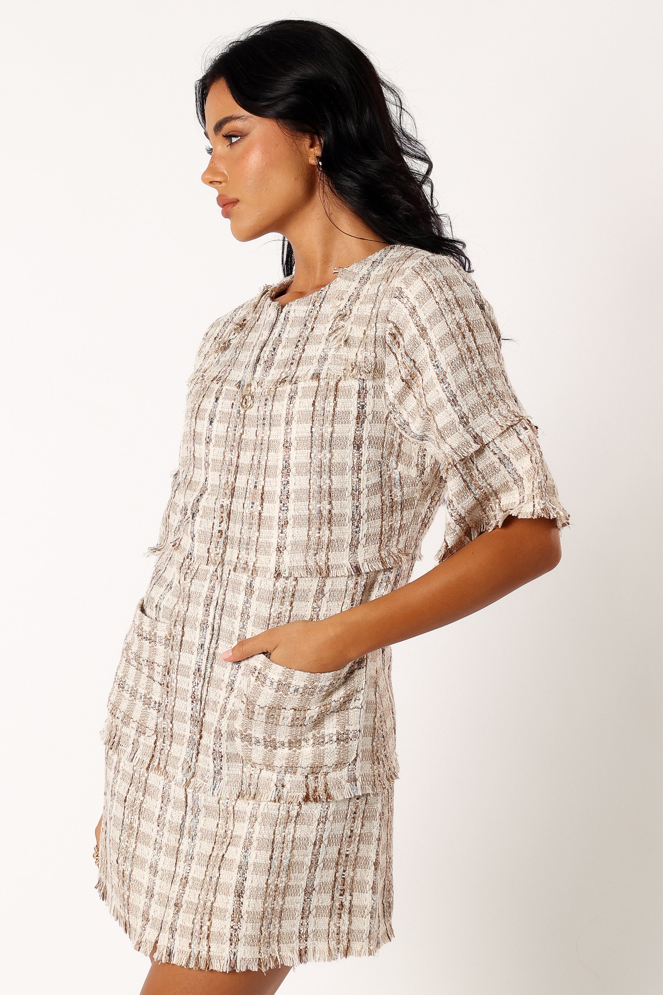 Calloway Cream Tweed Mini Dress with Front Zip & Pockets