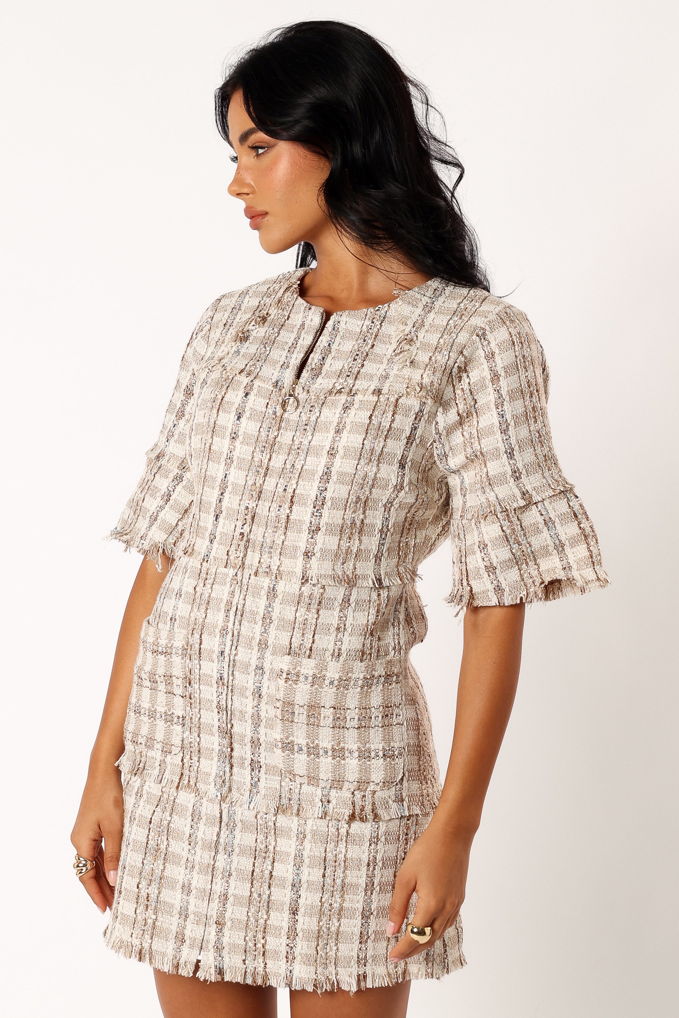 Calloway Cream Tweed Mini Dress with Front Zip & Pockets