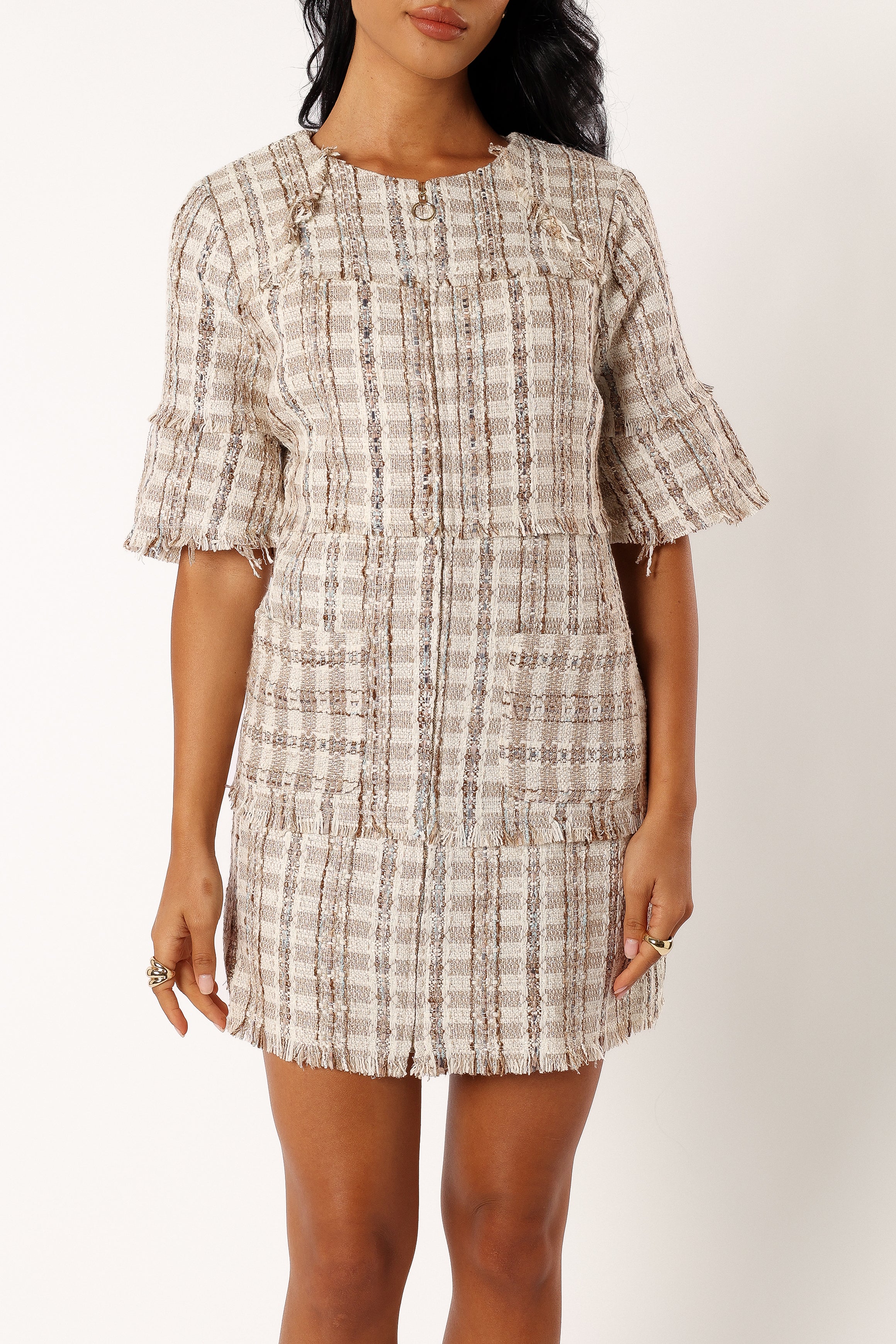 Calloway Cream Tweed Mini Dress with Front Zip & Pockets