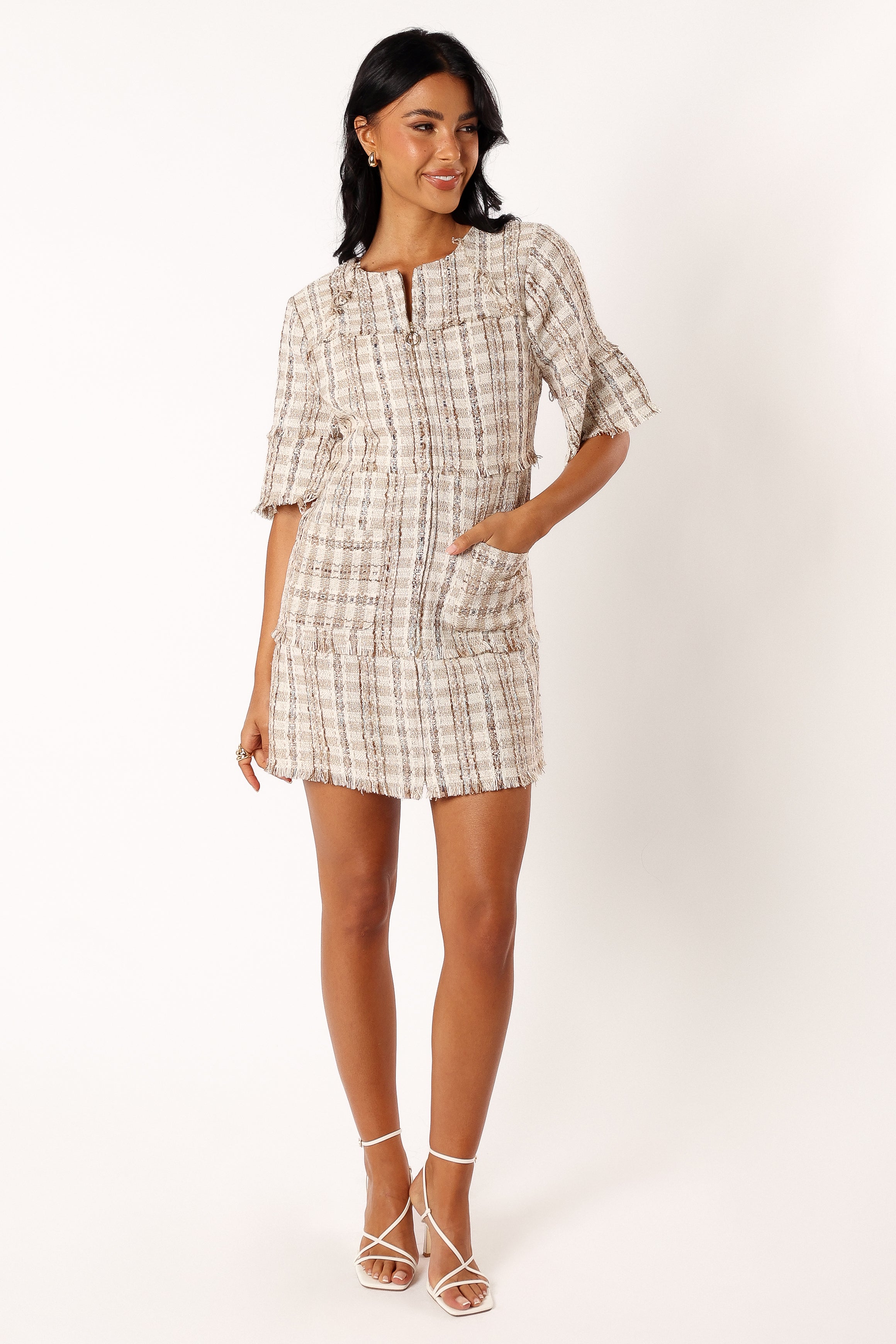 Calloway Cream Tweed Mini Dress with Front Zip & Pockets
