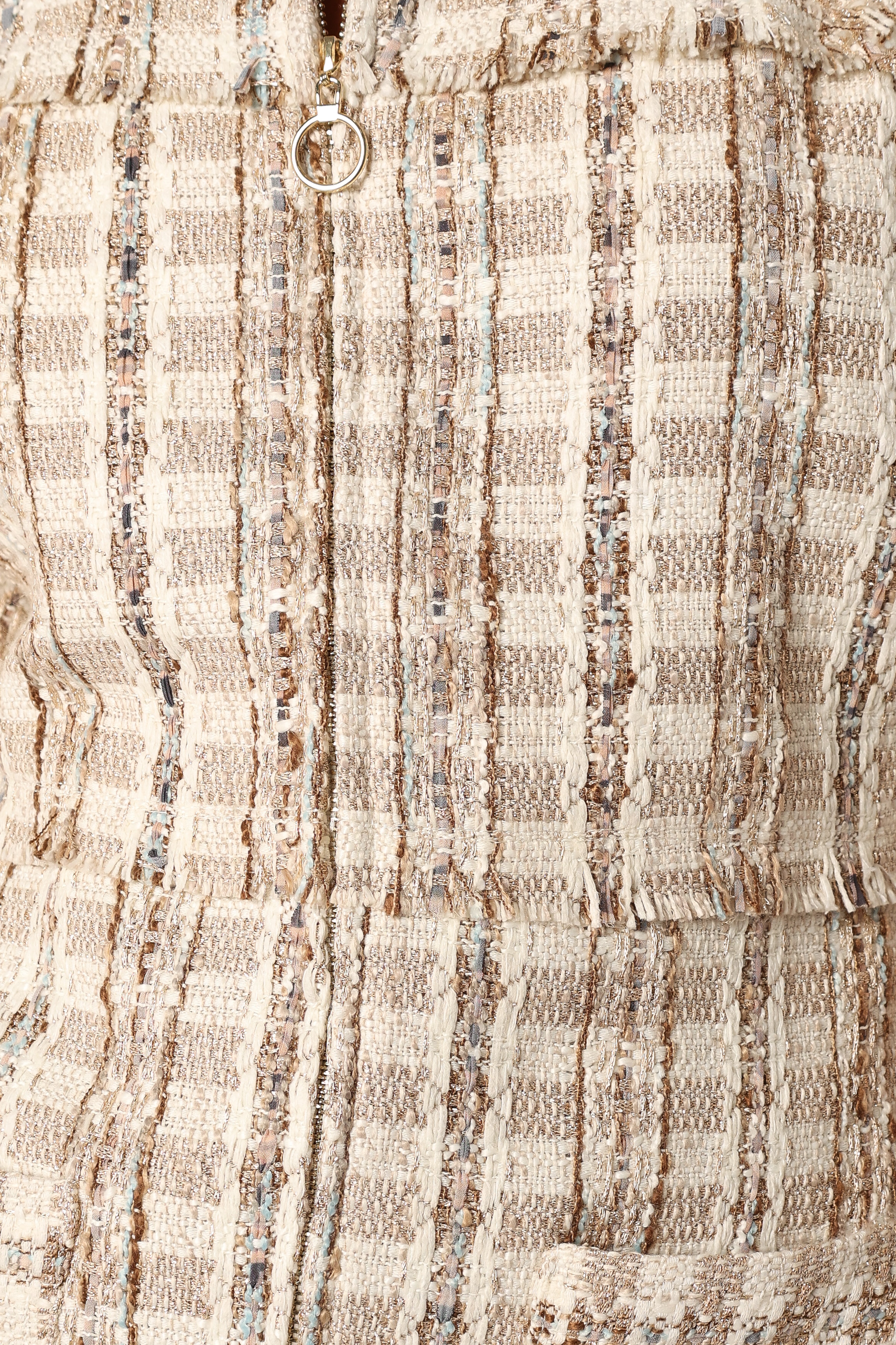 Calloway Cream Tweed Mini Dress with Front Zip & Pockets
