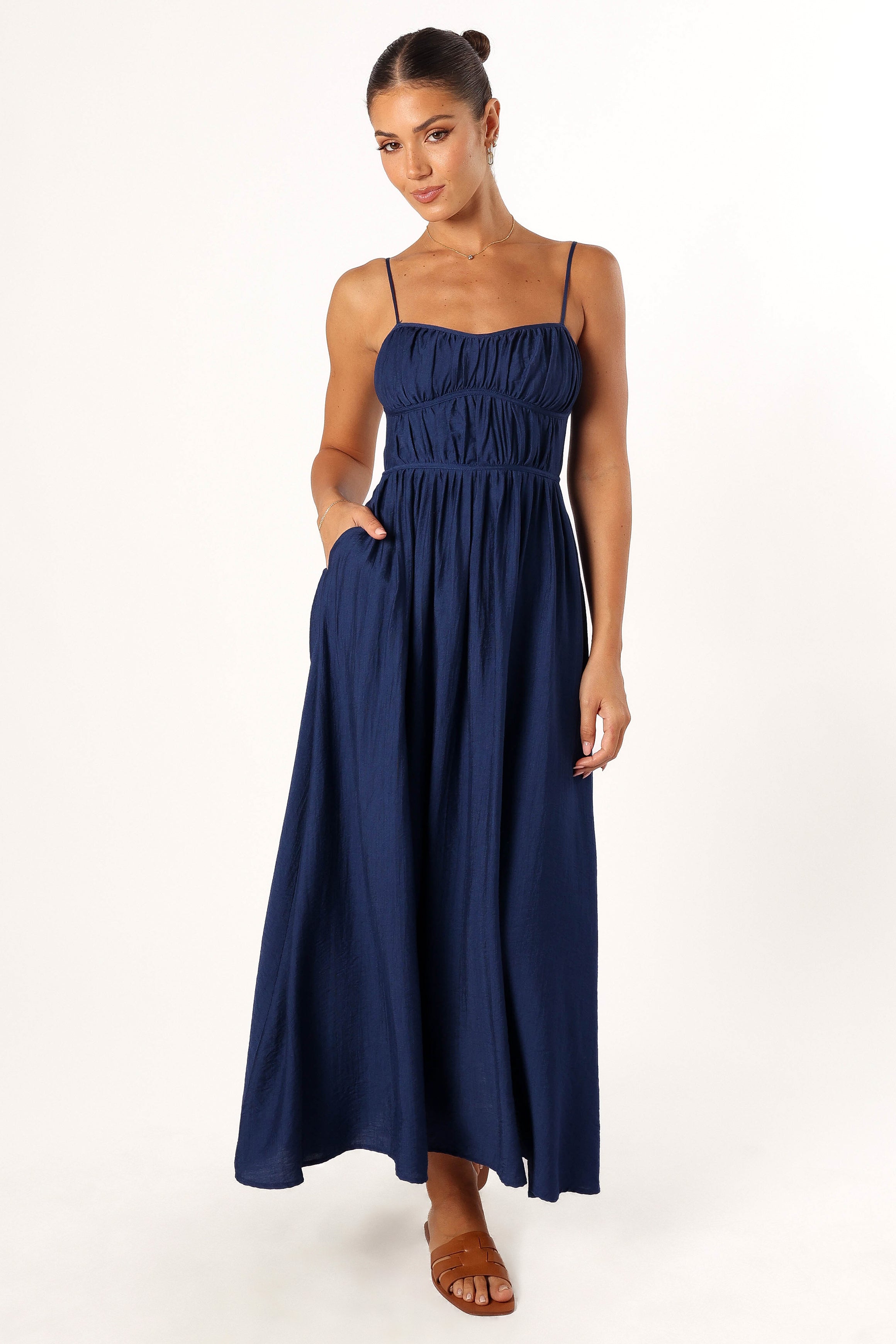 Kelani Luxi Navy Midi Dress with Sweetheart Neckline & Shirred Back
