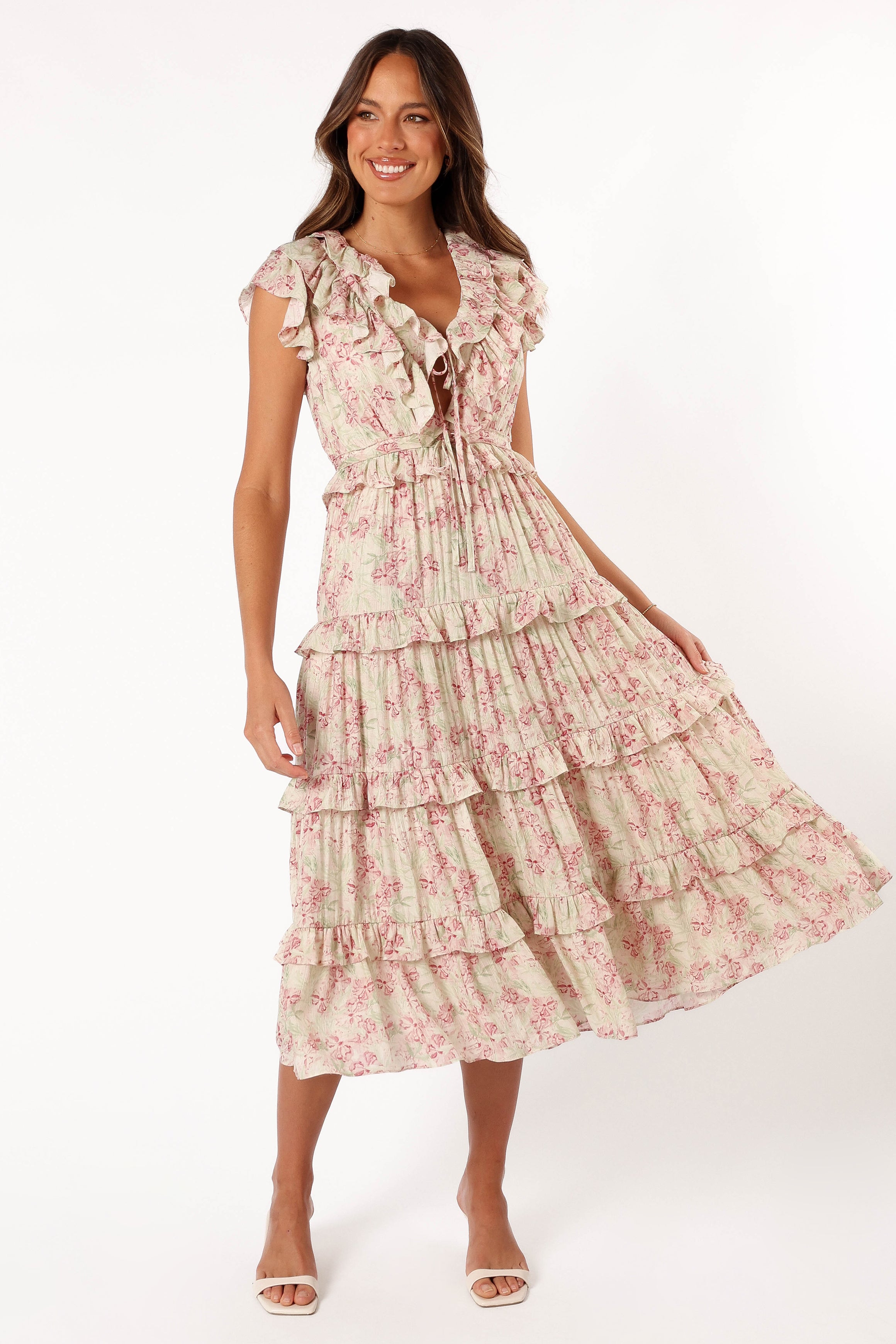 Levelle Floral Midi Dress with Ruffle Detail - Ivory/Red Green