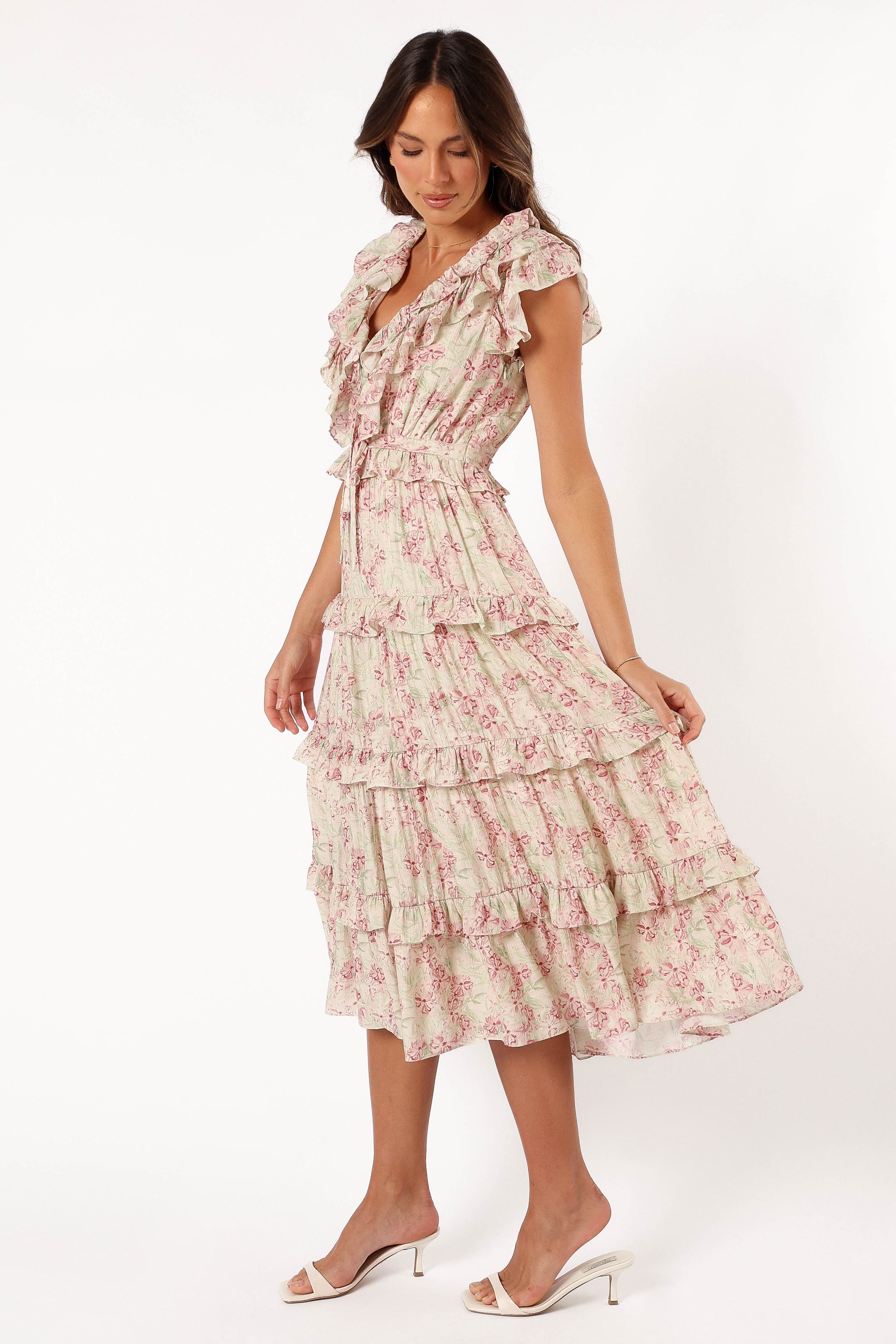 Levelle Floral Midi Dress with Ruffle Detail - Ivory/Red Green