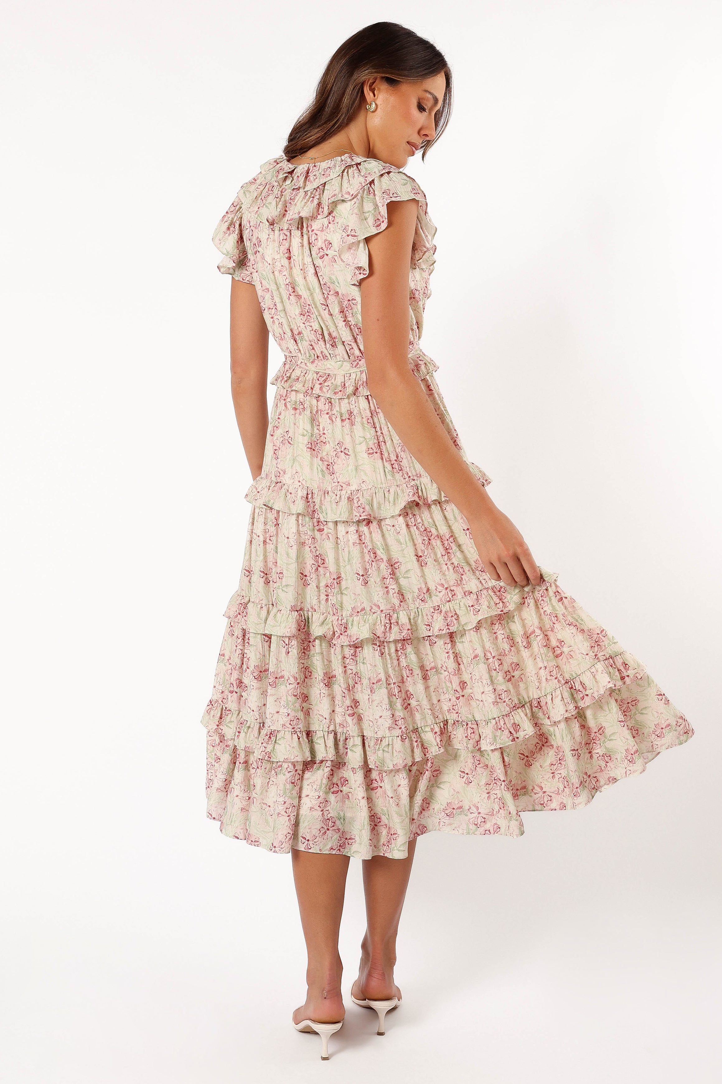 Levelle Floral Midi Dress with Ruffle Detail - Ivory/Red Green