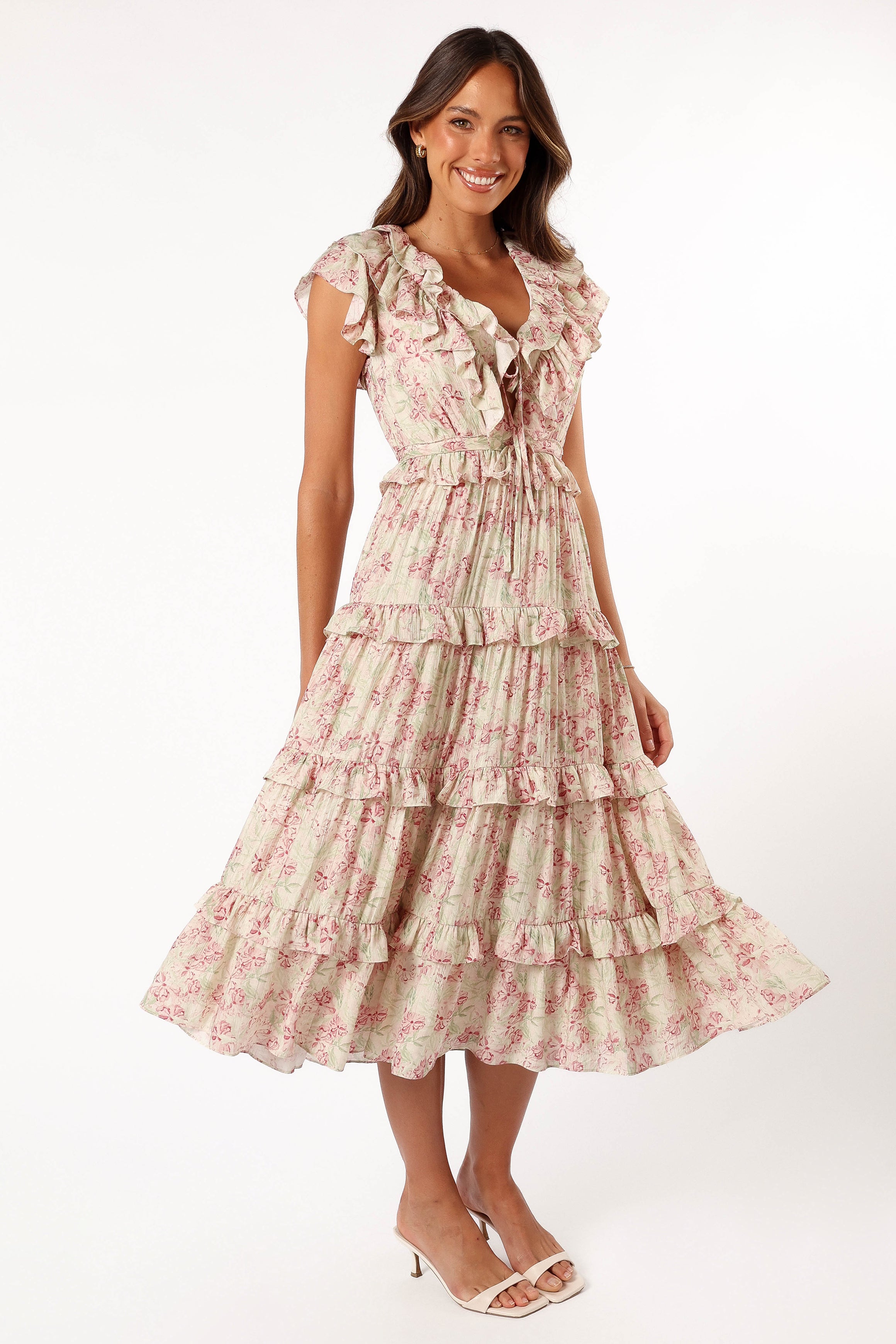 Levelle Floral Midi Dress with Ruffle Detail - Ivory/Red Green