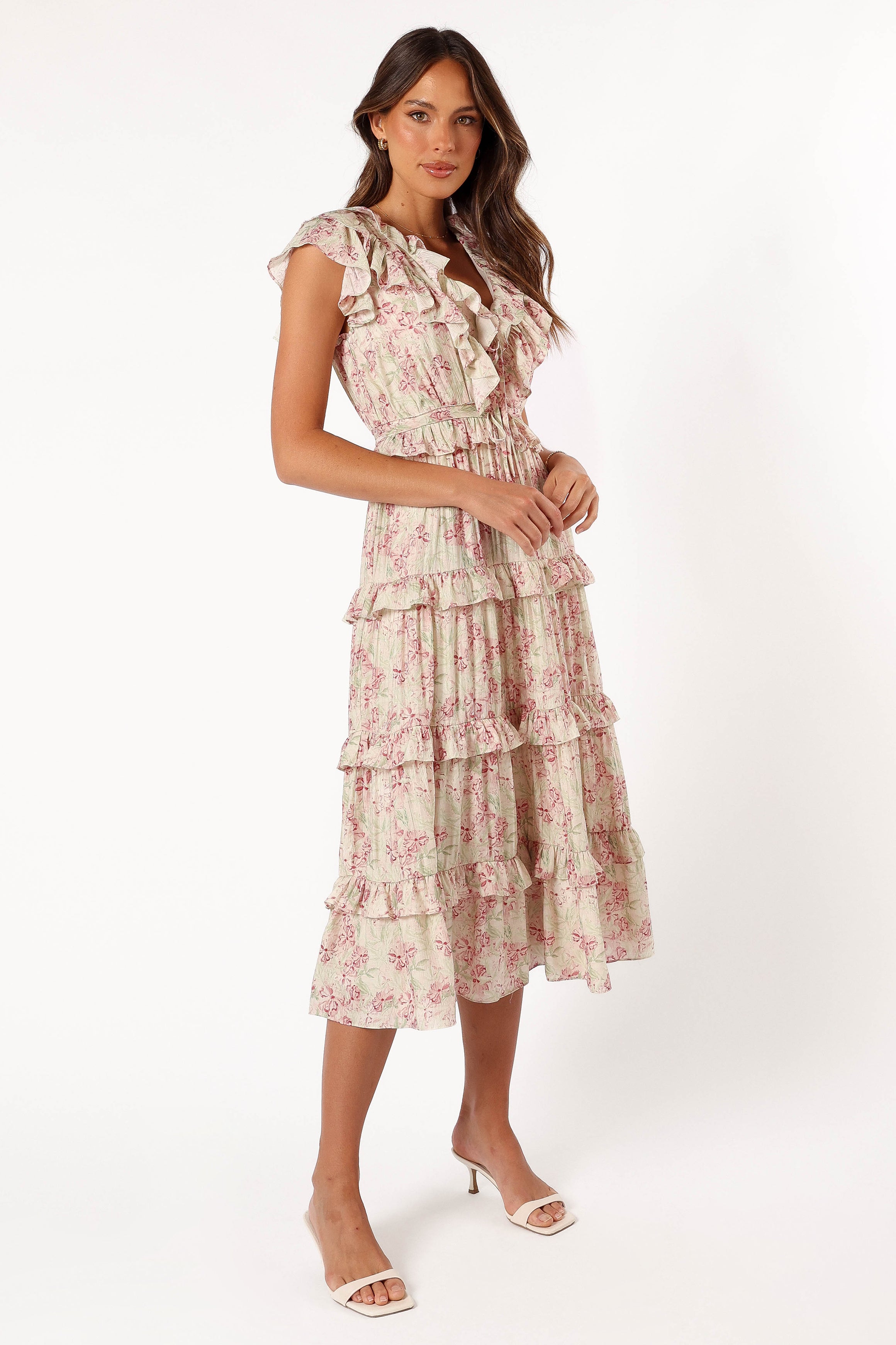 Levelle Floral Midi Dress with Ruffle Detail - Ivory/Red Green