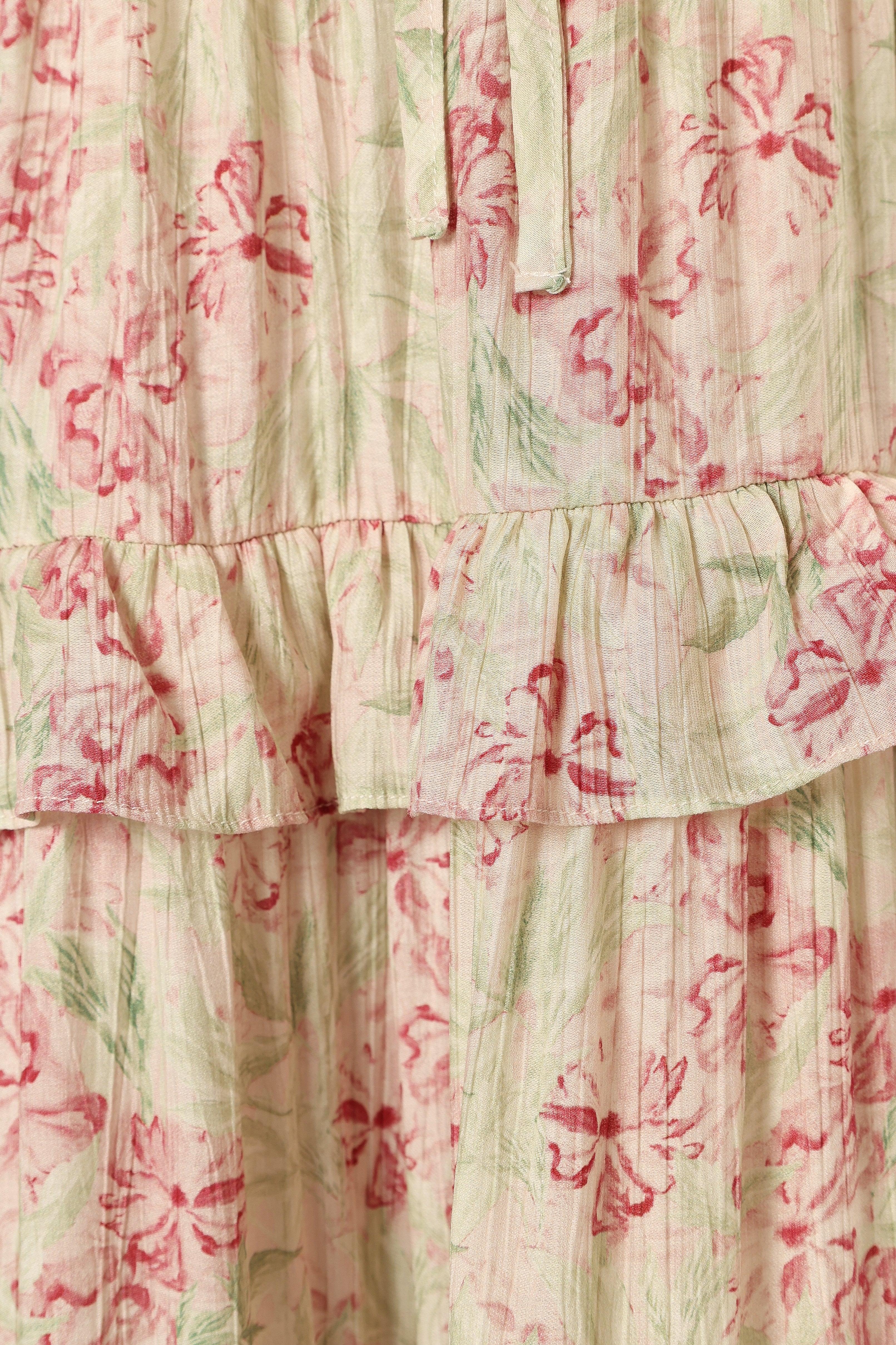 Levelle Floral Midi Dress with Ruffle Detail - Ivory/Red Green