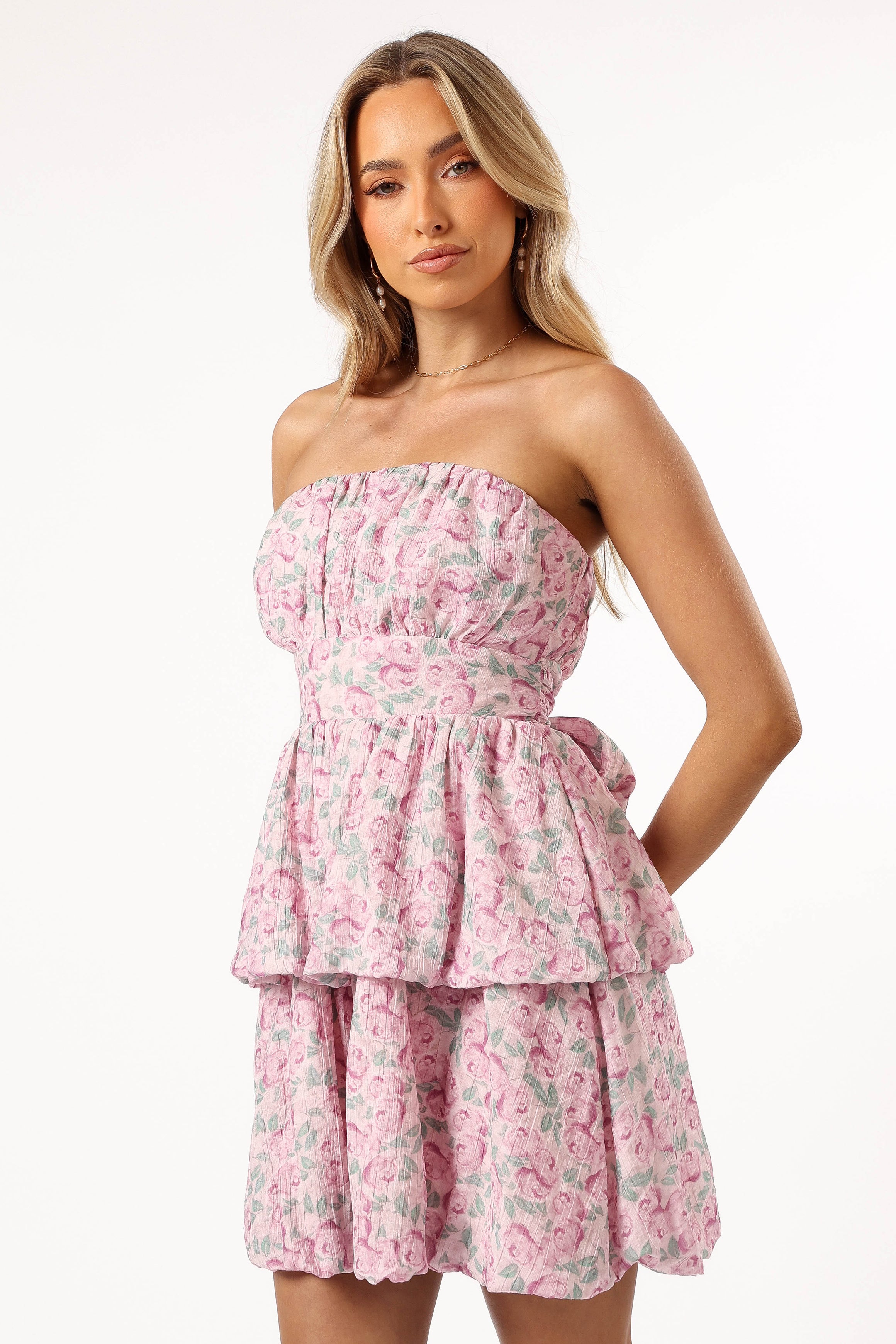 Floral Strapless Mini Dress with Ruffles - Kingsley Pink Purple